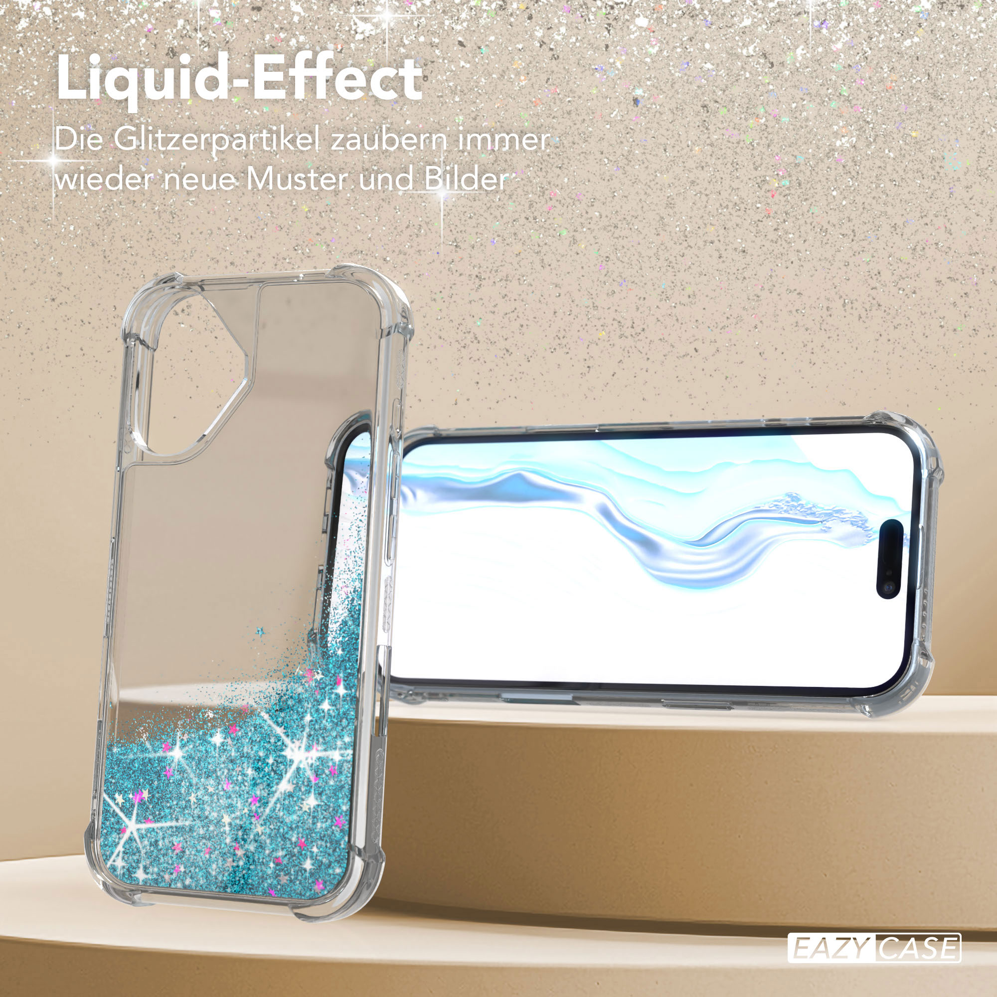 Transparente Handyhülle mit blauem Glitzer und einem Telefon darin. Glitzerhintergrund mit Textüberlagerung.