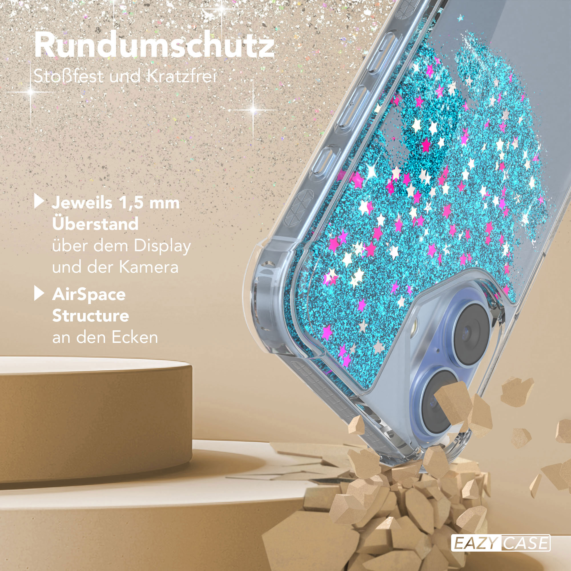 Handyhülle mit blauem Glitzer und Sterndesign. Brauner Hintergrund mit Text: Rundumschutz und EAZY CASE Logo.
