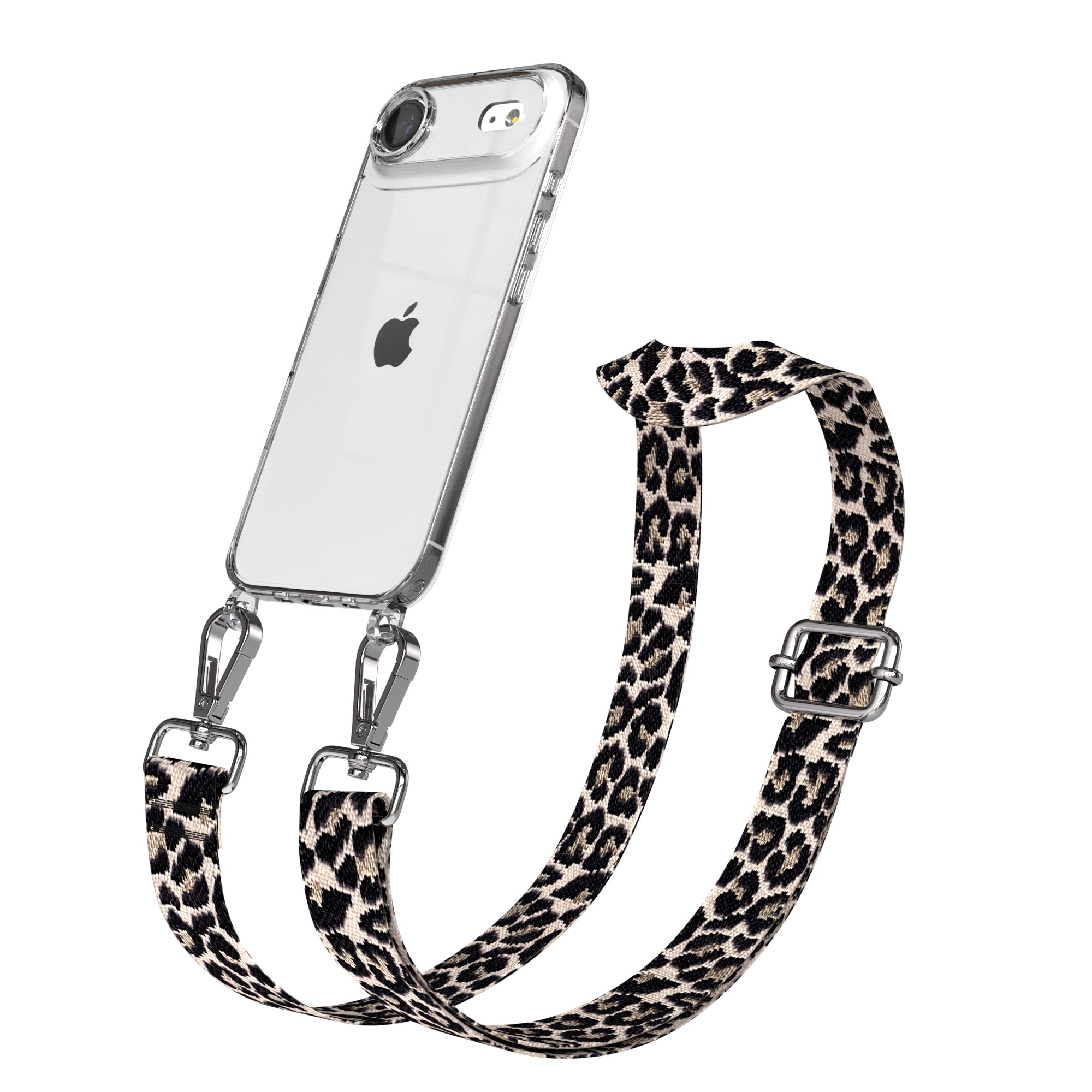 Eine transparente iPhone-Hülle mit einem Leopardenmuster-Gurt. Das Telefon ist sichtbar. Der Gurt ist mit silbernen Verschlüssen und einer Schnalle verbunden.