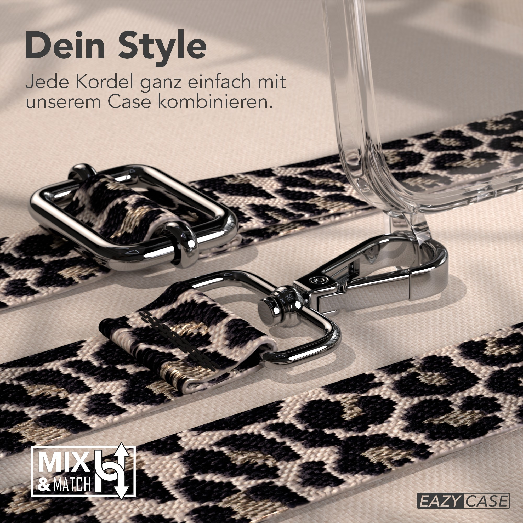 Leopard-Print-Gurt mit silberner Hardware. Transparente Handyhülle. Text 'Dein Style' und 'MIX & MATCH'.
