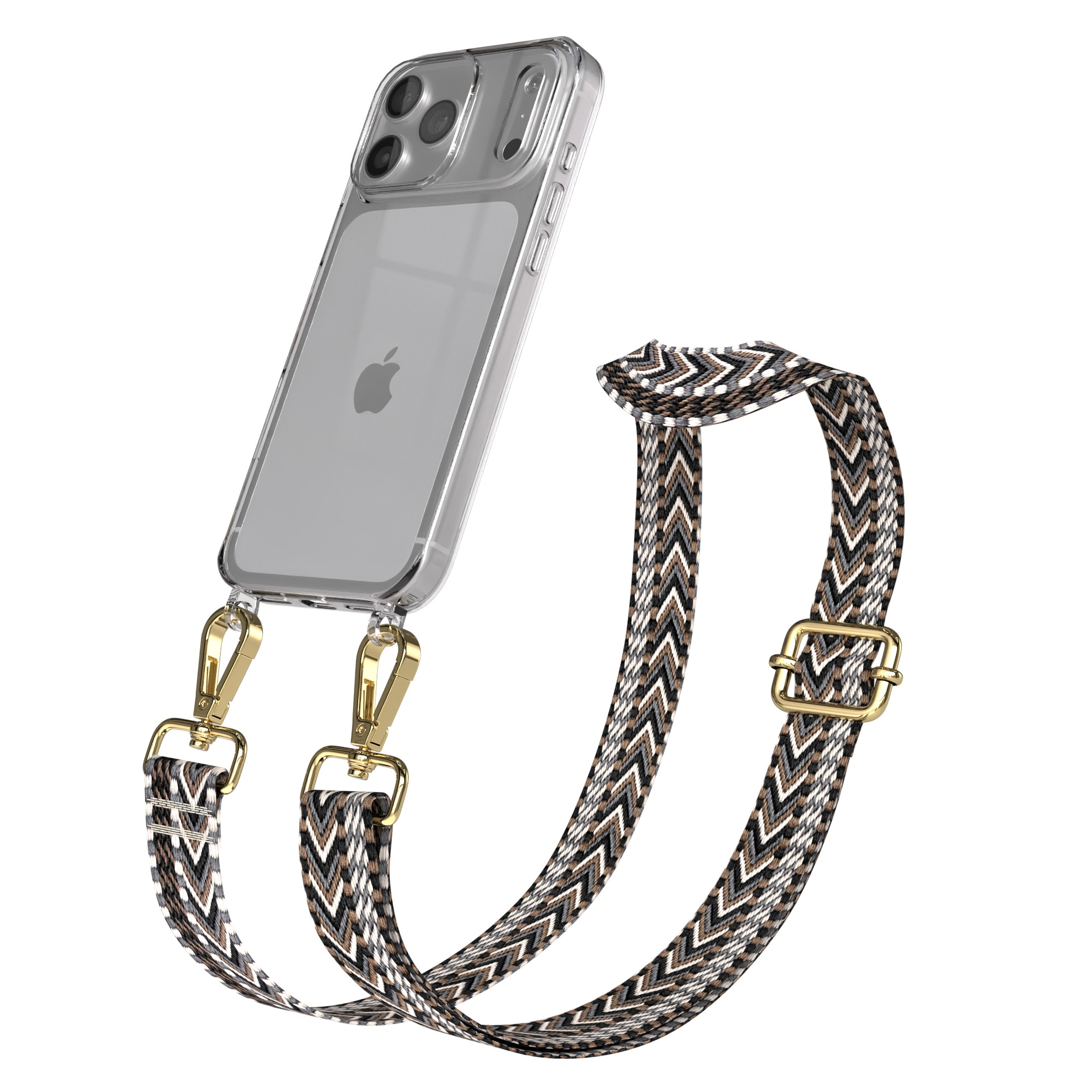 Eine transparente iPhone-Hülle mit einem gemusterten Riemen, goldenen Verschlüssen und einer goldenen Schnalle.