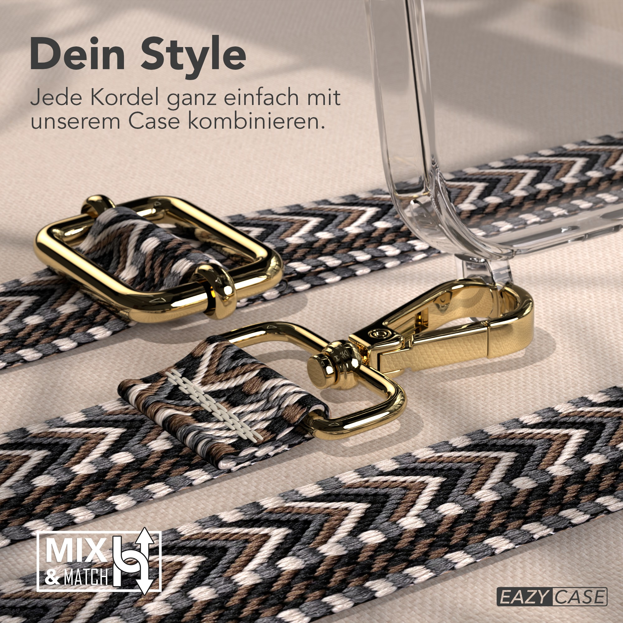 Das Bild zeigt eine Handyhülle mit einem Gurt und goldenen Verschlüssen. Der Gurt ist mit schwarzen, weißen und braunen Chevron-Mustern versehen.