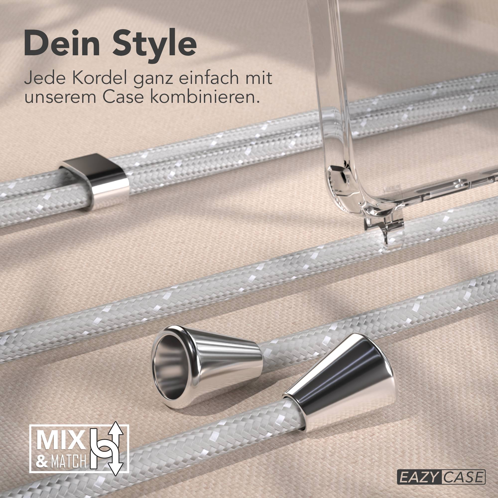 Das Bild zeigt eine Handyhülle, Kordeln und silberne Metallteile. Der Text lautet: Dein Style, Mix & Match und Eazy Case.