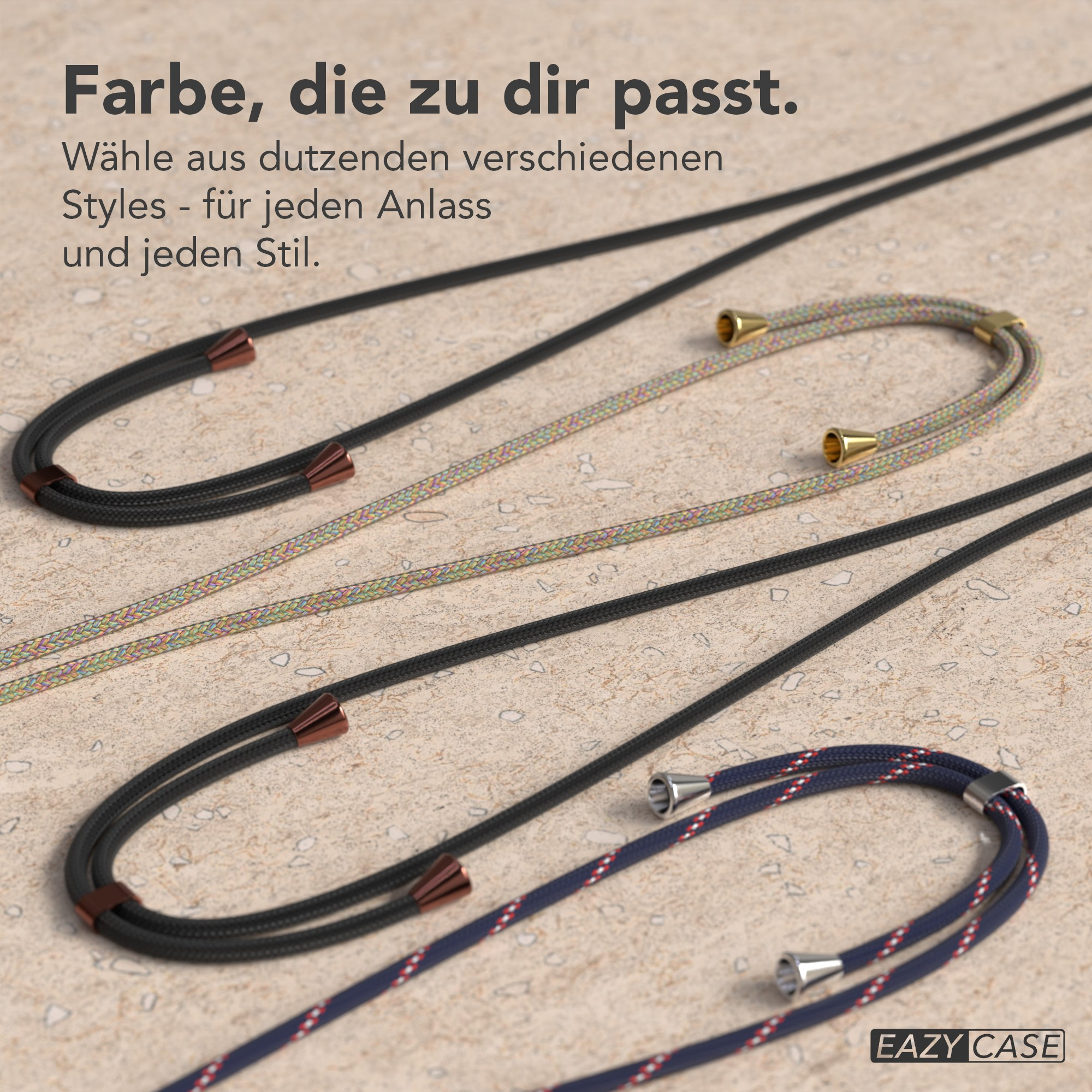 Das Bild zeigt drei Telefonbänder. Schwarz, mehrfarbig und marineblau mit roten Akzenten. Text: Farbe, die zu Ihnen passt.