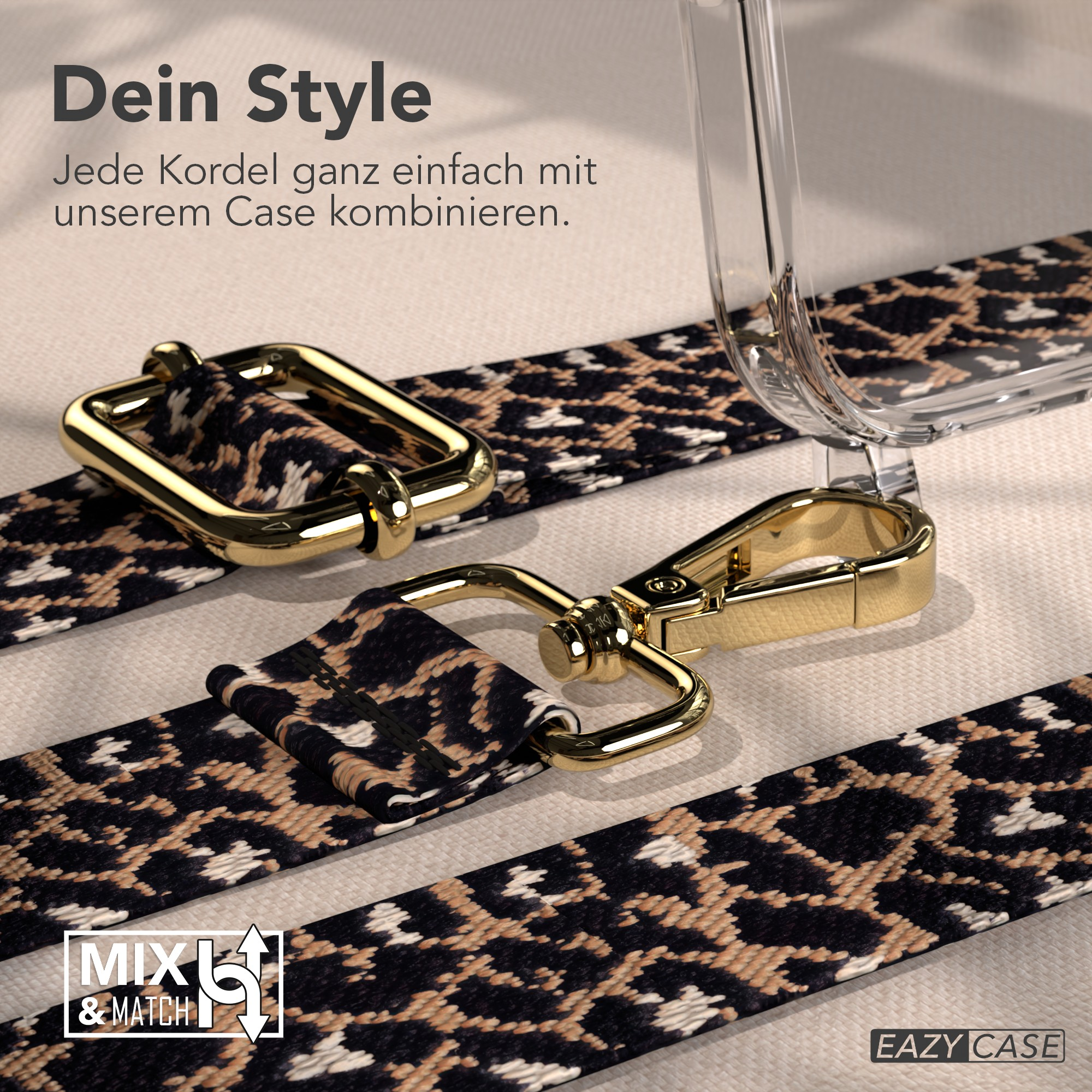 Ein Telefoncase mit einem Leopardenmuster-Gurt, goldener Hardware und den Worten 'Dein Style' wird angezeigt.