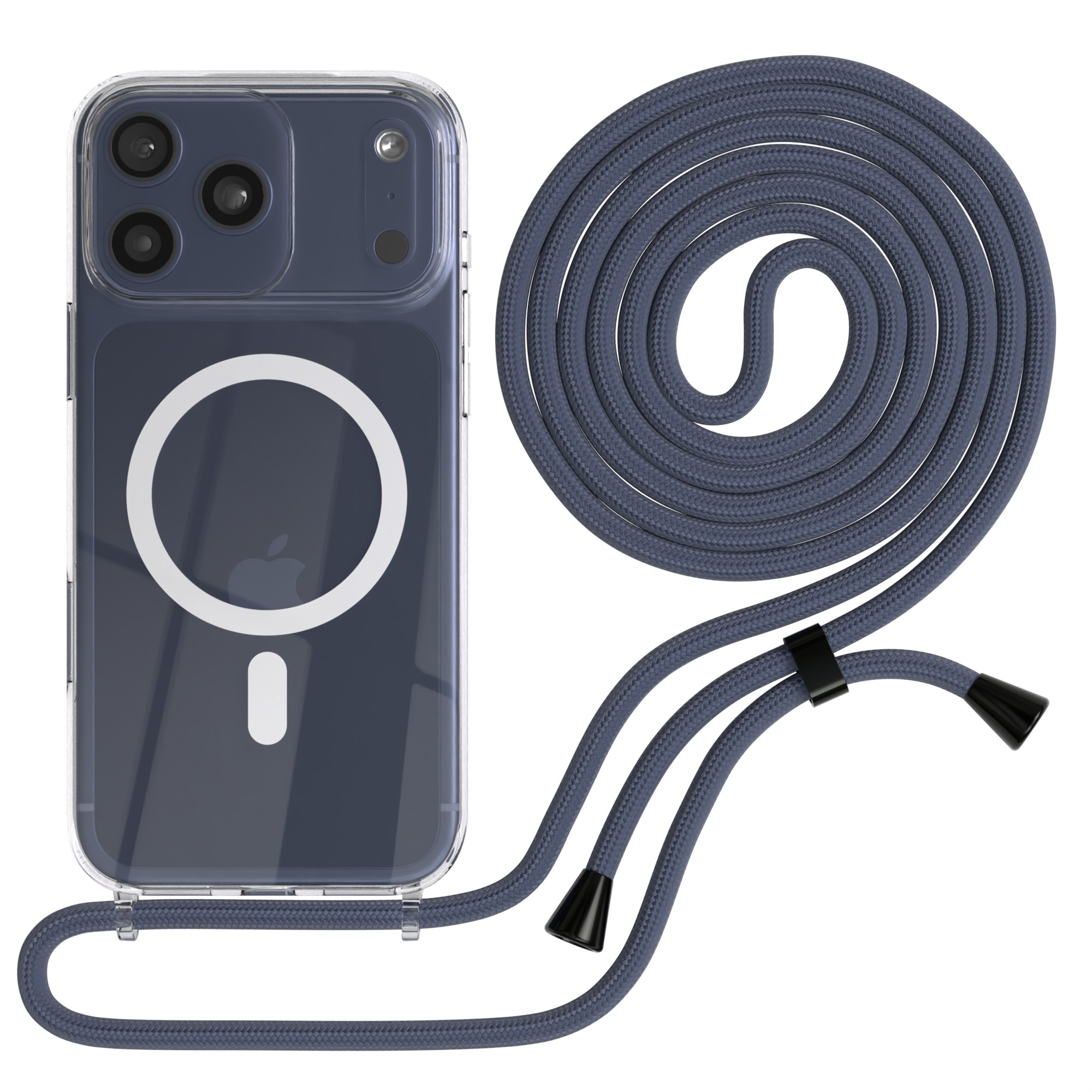 Eine Handyhülle mit Lanyard. Die Hülle befindet sich auf einem dunklen Telefon. Das Lanyard ist dunkelblau. Weißer Hintergrund.