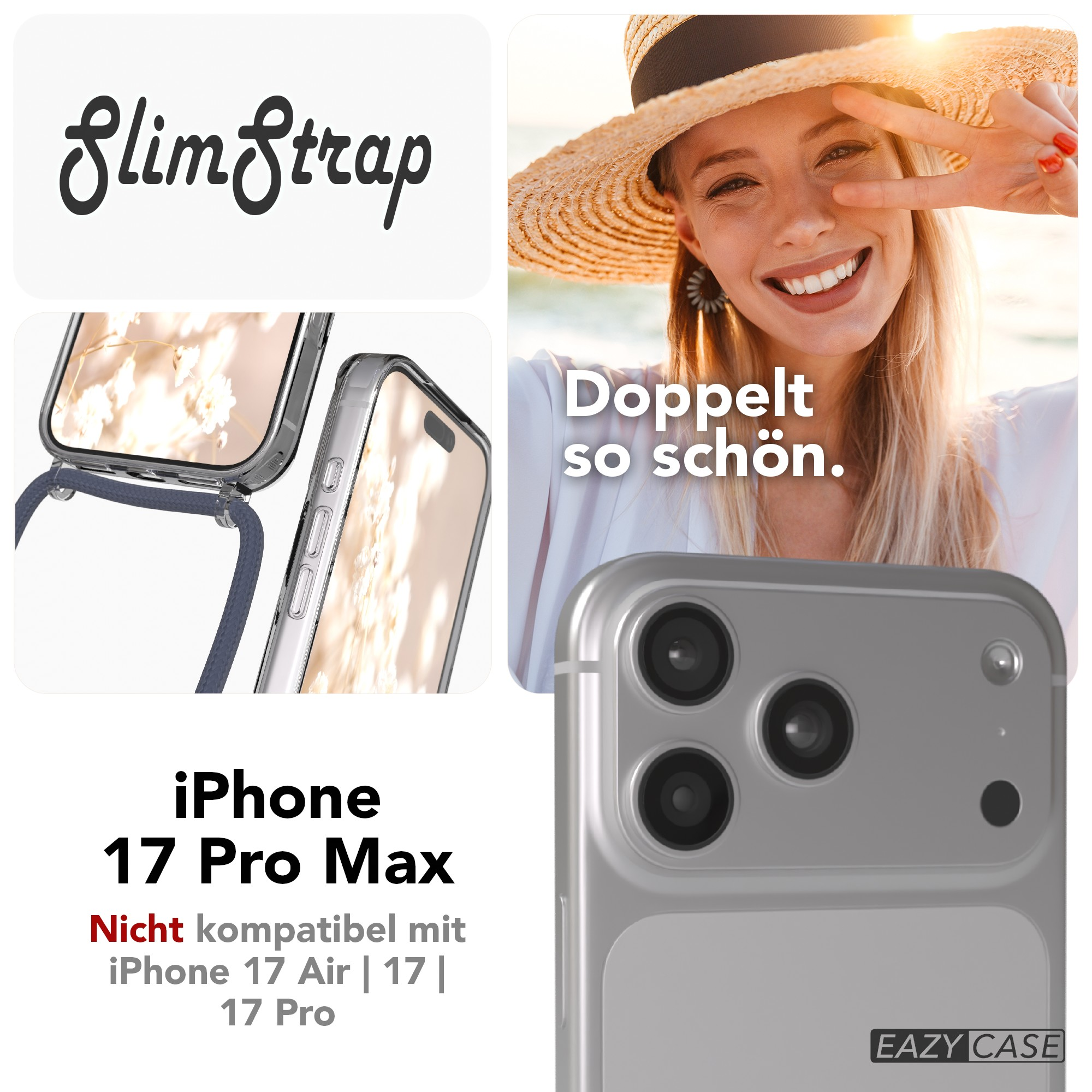 Das Bild zeigt eine Frau mit Hut, eine Handyhülle und Text über das iPhone 17 Pro Max.