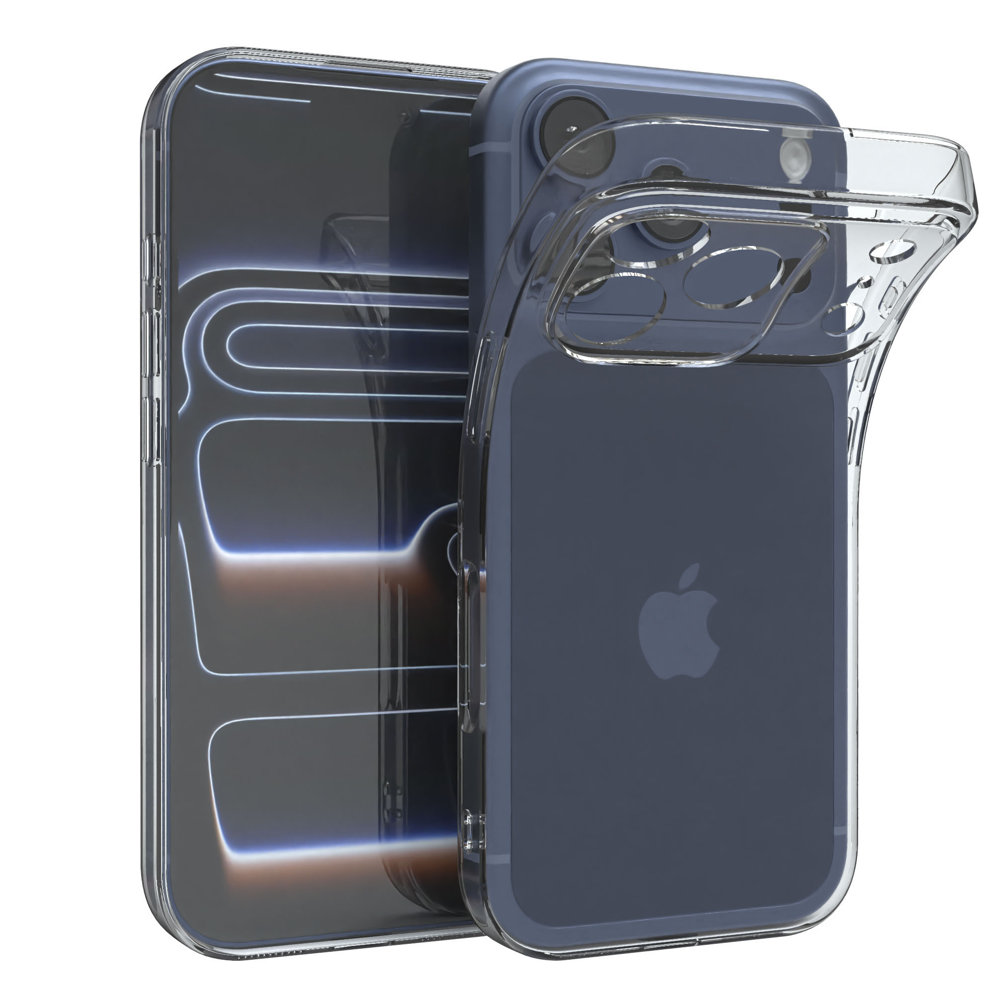 Zwei blaue Smartphones mit transparenten Hüllen. Das linke Telefon hat ein Display-Design. Das rechte Telefon hat ein Apple-Logo.