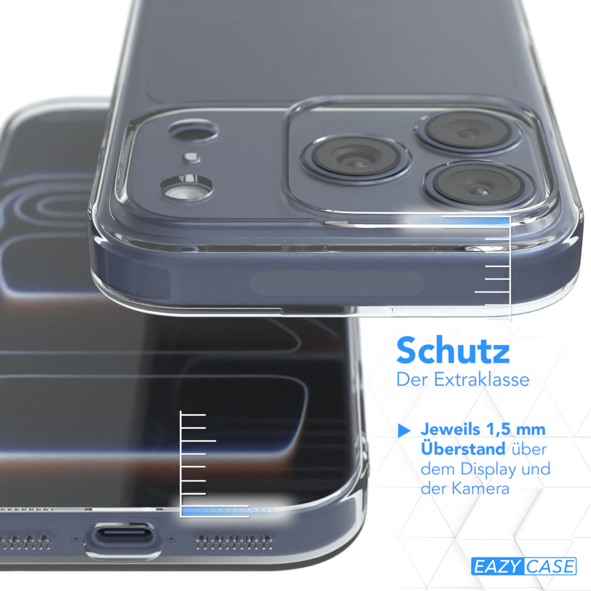 Klare Handyhülle über einem Telefon. Details zu den Eigenschaften der Hülle sind sichtbar, einschließlich Schutz und Kamerafreiheit.