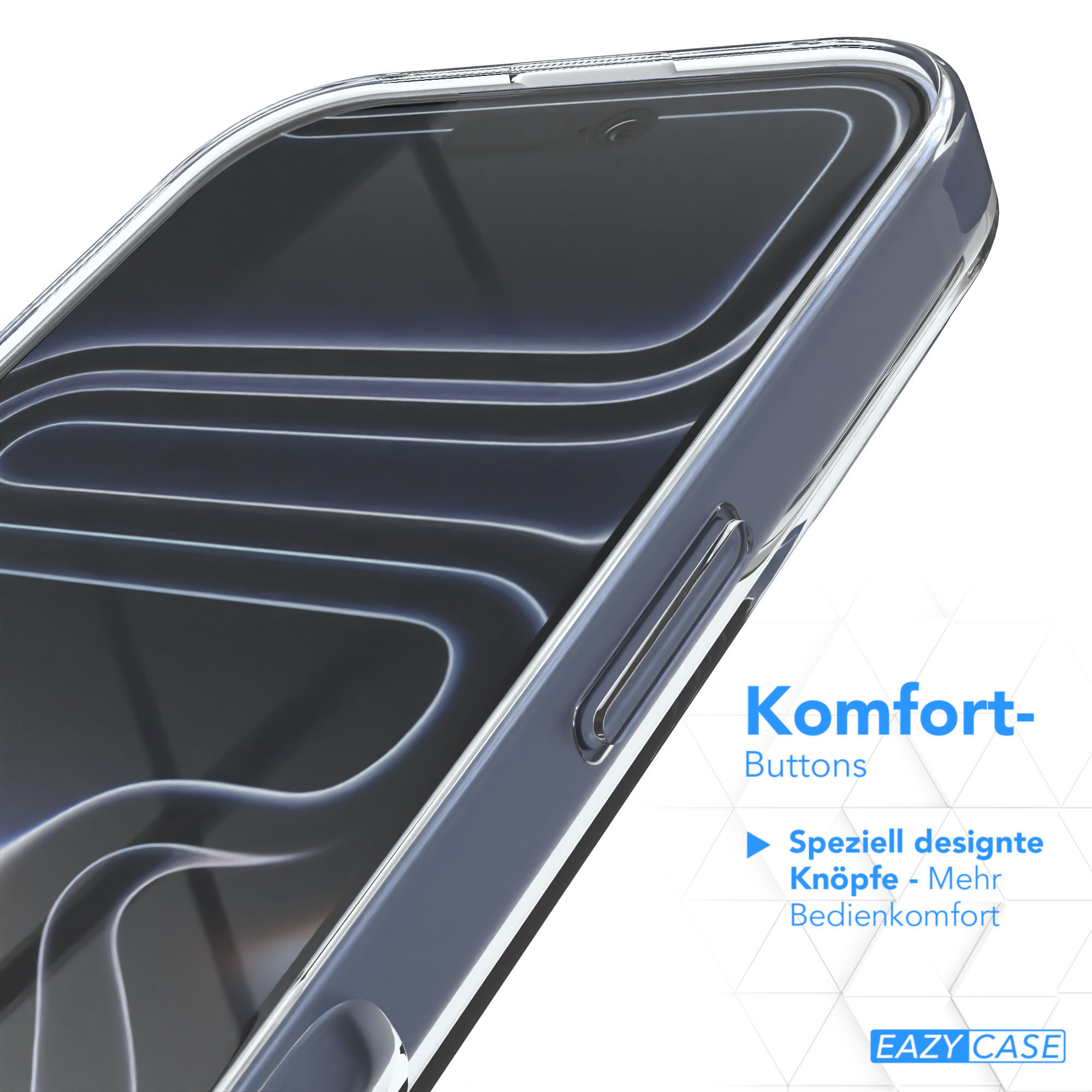 Nahaufnahme einer transparenten Handyhülle mit Knopfdetails und Branding auf weißem Hintergrund.