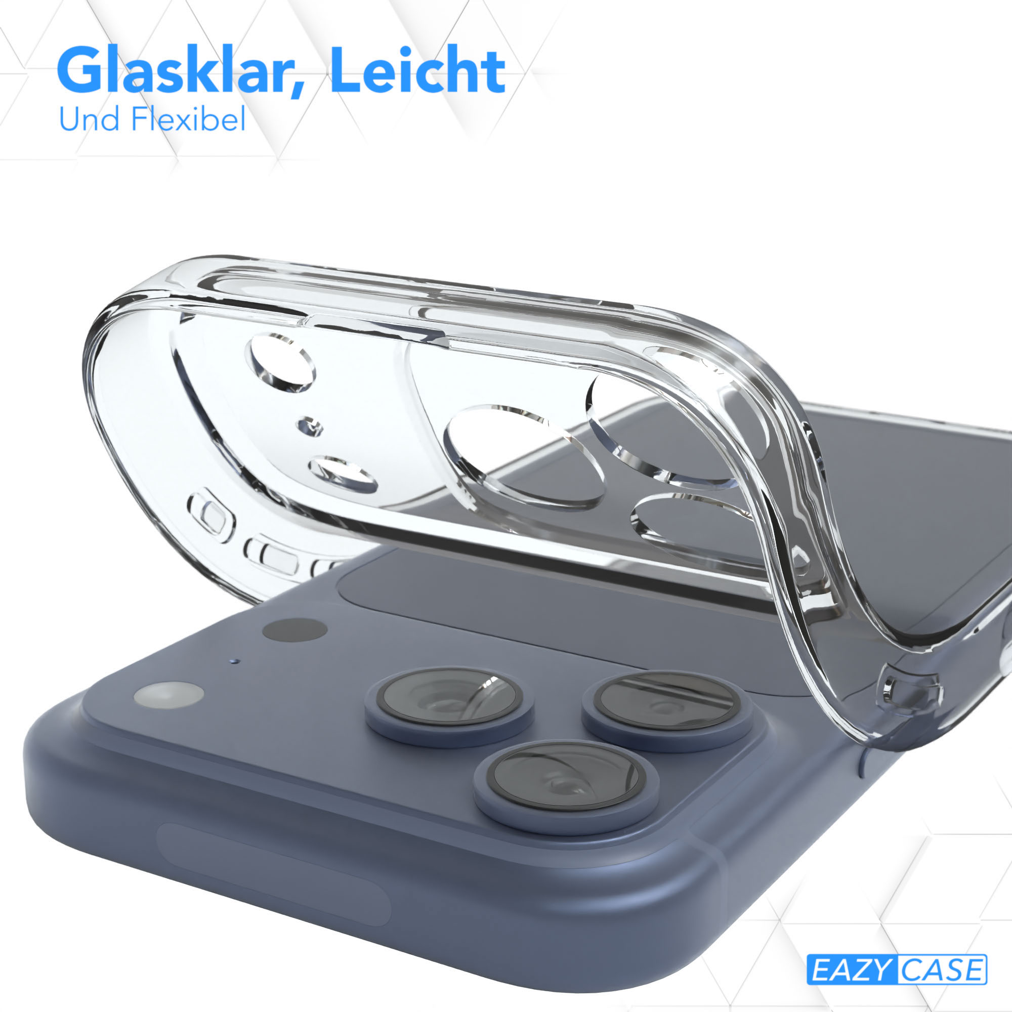 Eine transparente Handyhülle wird auf ein blaues Telefon gelegt. Die Hülle umschließt das Telefon.