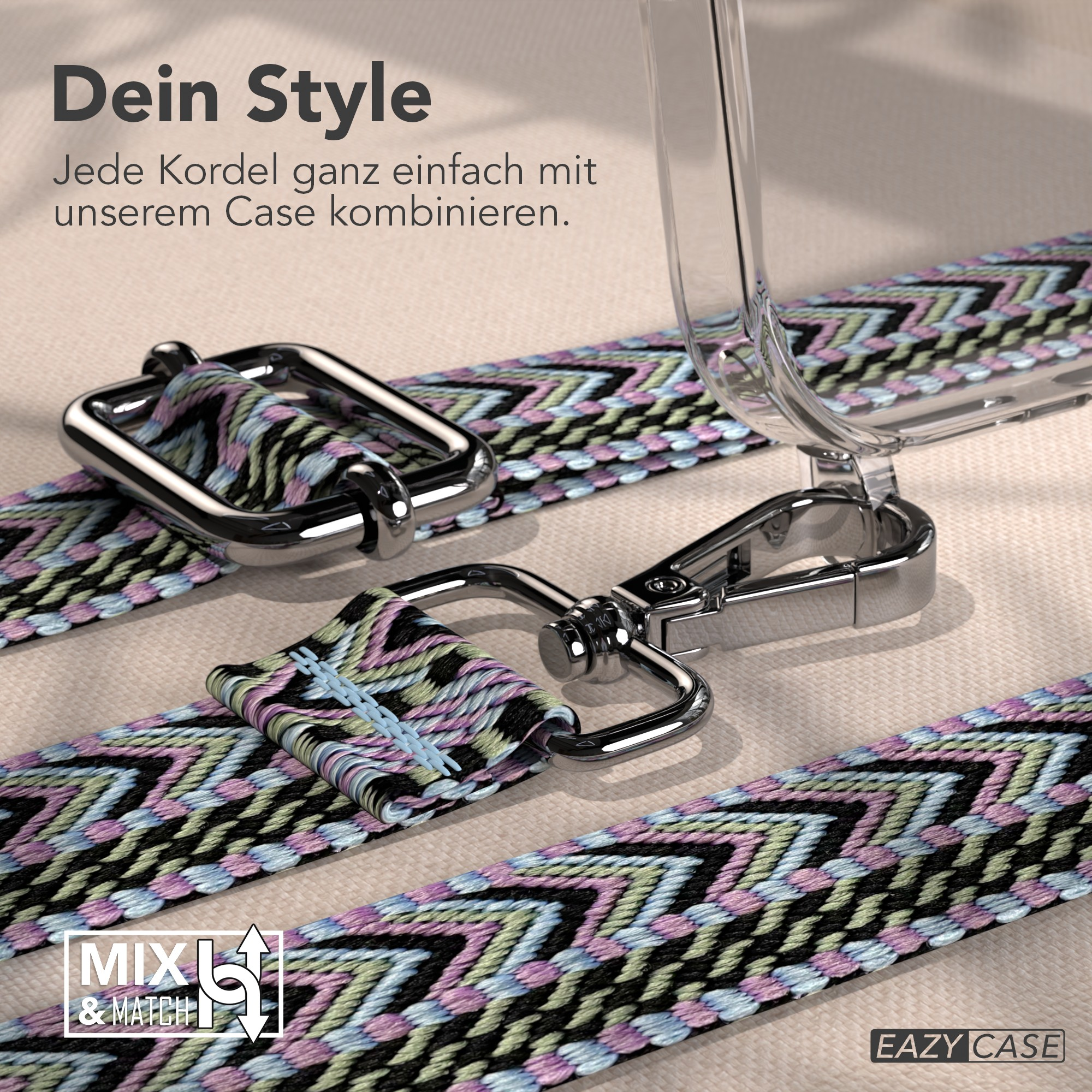 Nahaufnahme eines Telefongehäuses mit einem bunten Riemen. Der Riemen hat ein Zickzackmuster in Schwarz, Rosa, Grün und Blau.