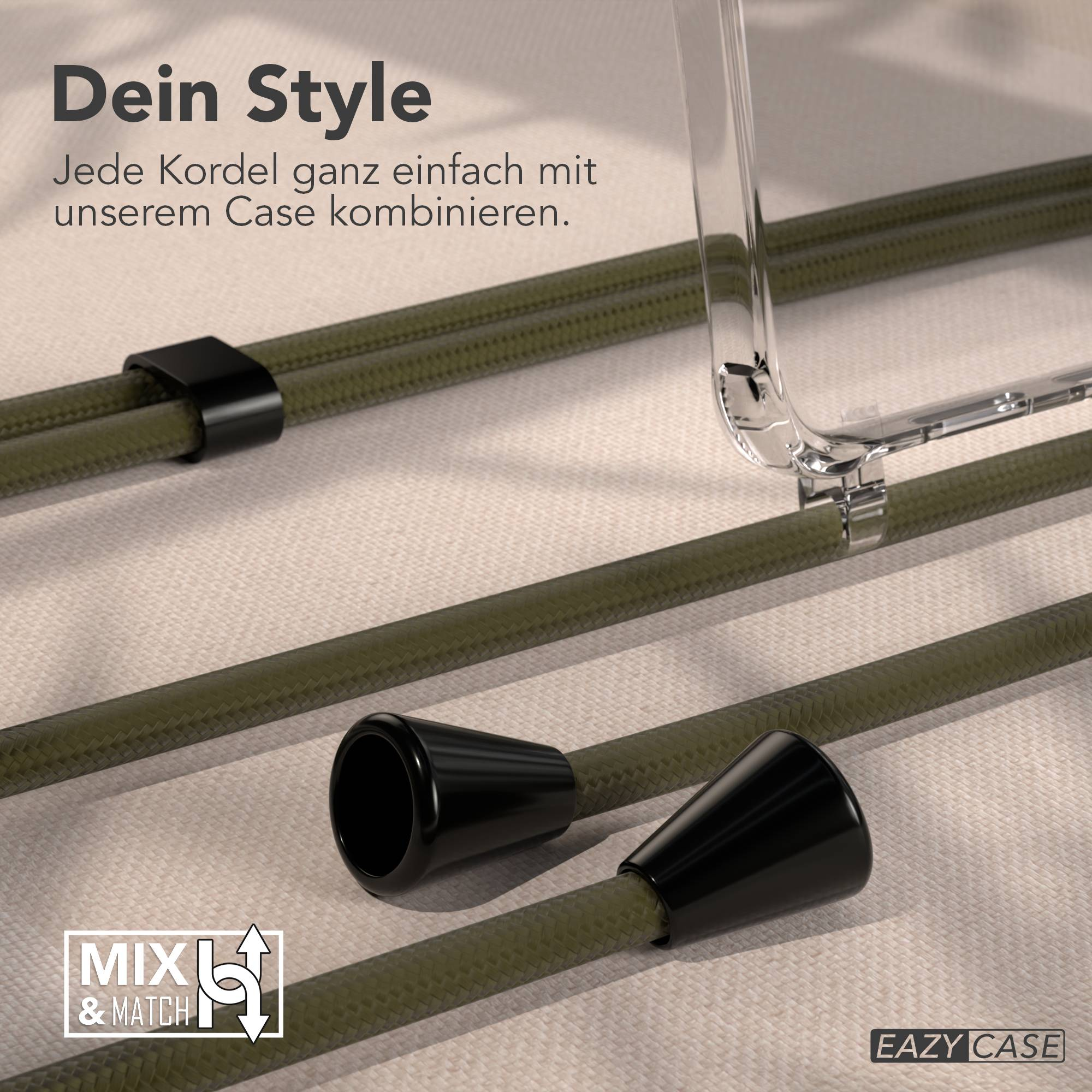 Olivgrüne Kordeln mit schwarzen Enden und eine transparente Handyhülle liegen auf einer strukturierten beigen Oberfläche. Der Text 'Dein Style' steht oben.