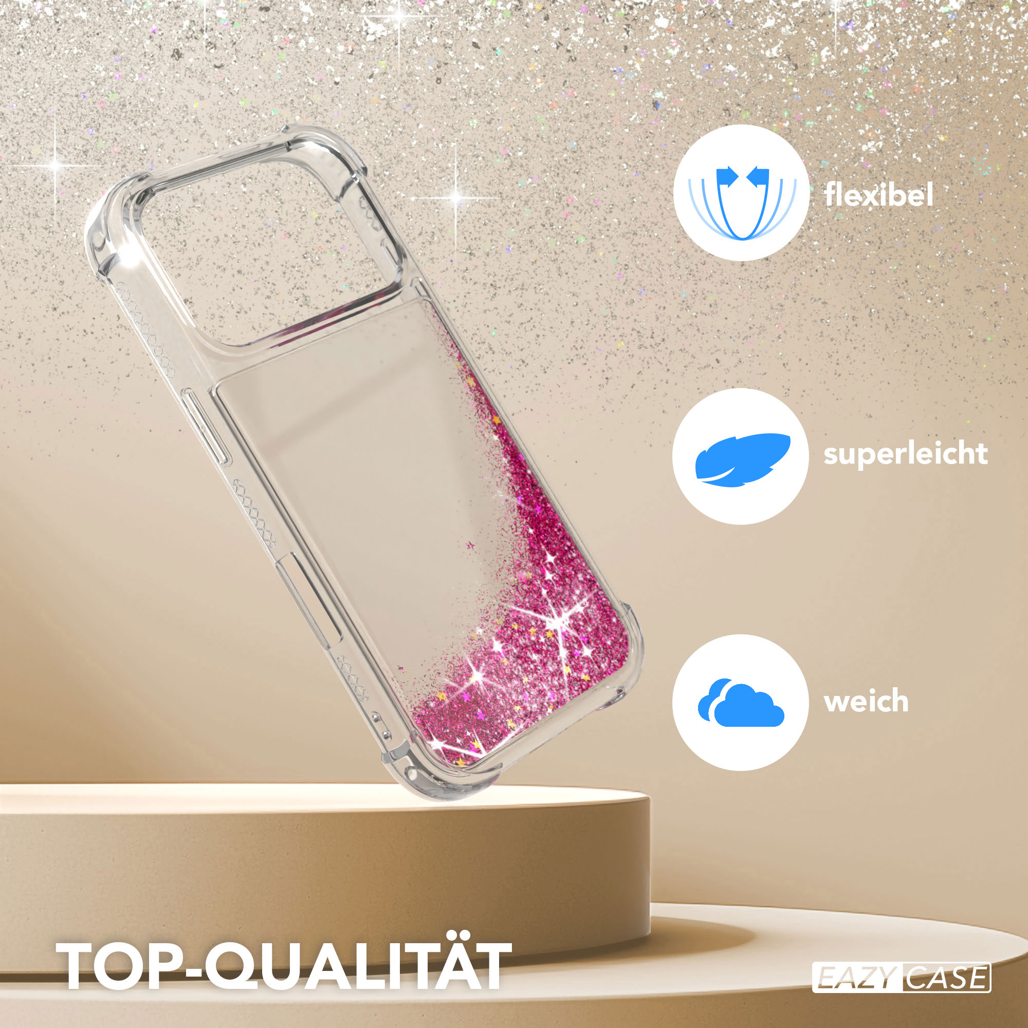 Eine transparente Handyhülle mit pinkfarbenem Glitzer auf einem Ständer. Eigenschaften: flexibel, superleicht und weich. Der Hintergrund ist glitzernd.