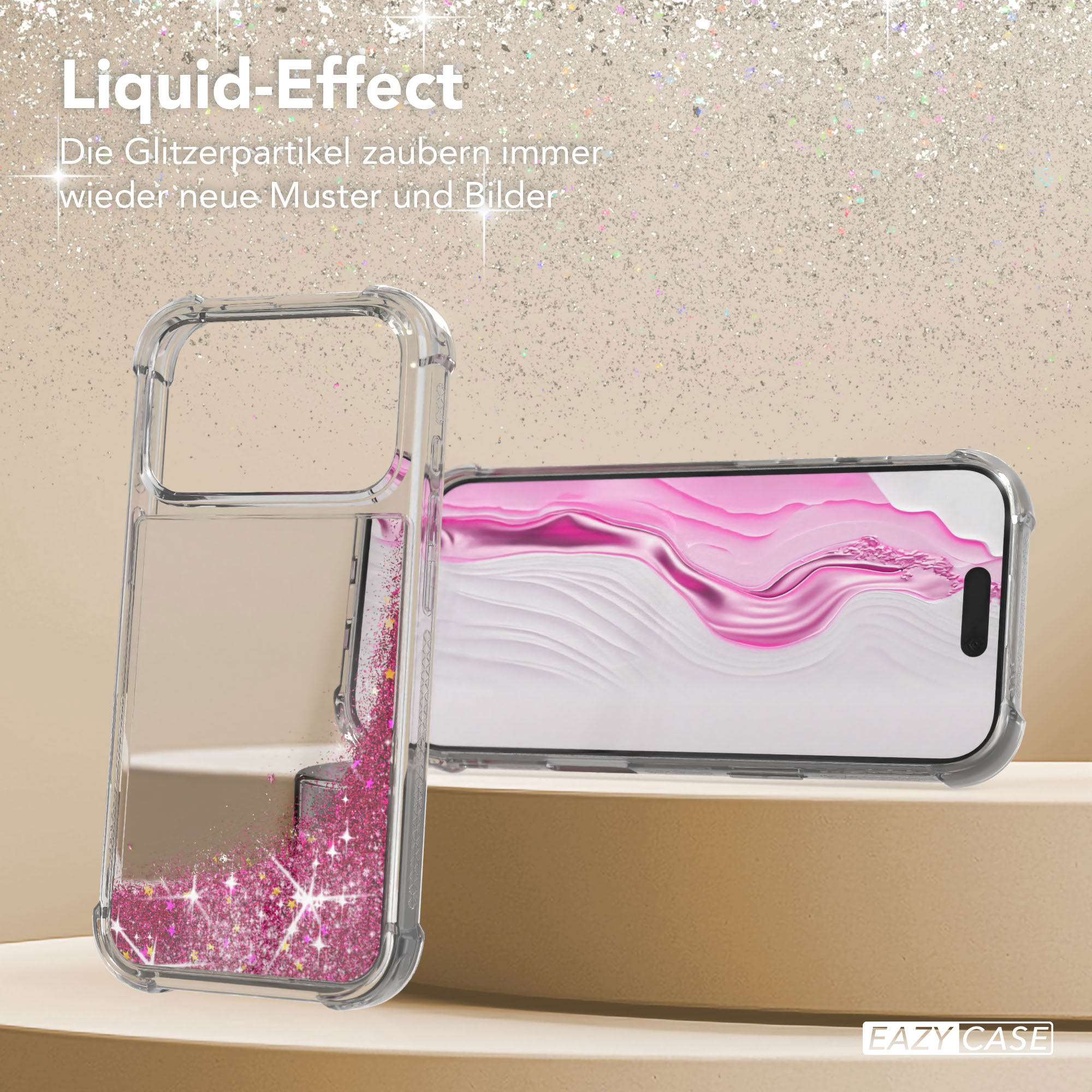 Transparente Handyhülle mit pinkem Glitzer, neben einem Handy mit pinkem Bildschirm, auf glitzerndem Hintergrund.