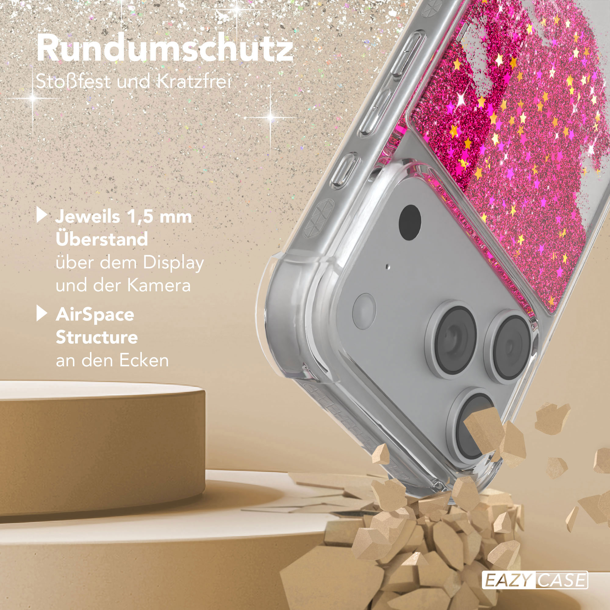 Ein Telefon in einer Hülle mit rosa Glitzer. Die Hülle ist klar. Es gibt auch goldene Sterne in der Hülle.