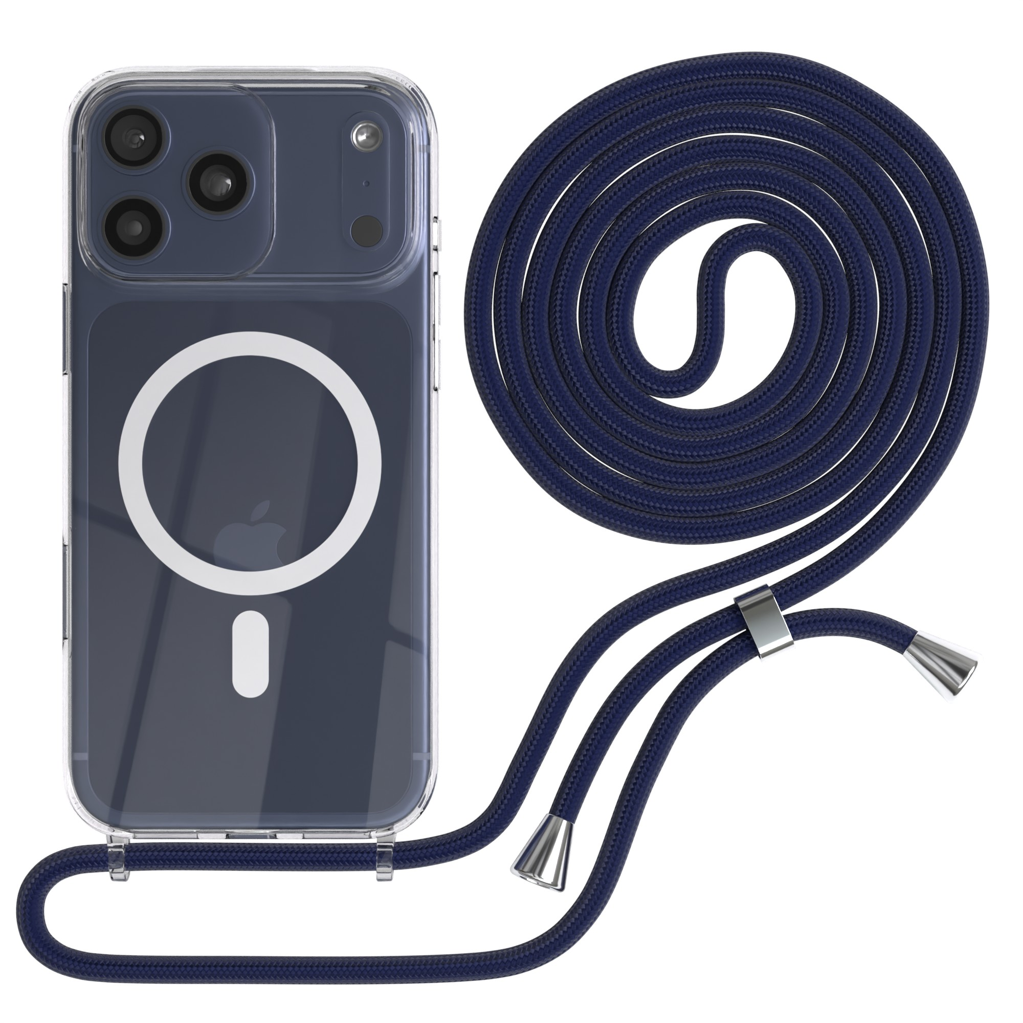 Transparente Handyhülle mit marineblauem Lanyard. Die Hülle hat ein kreisförmiges MagSafe-Design. Das Lanyard ist geflochten.