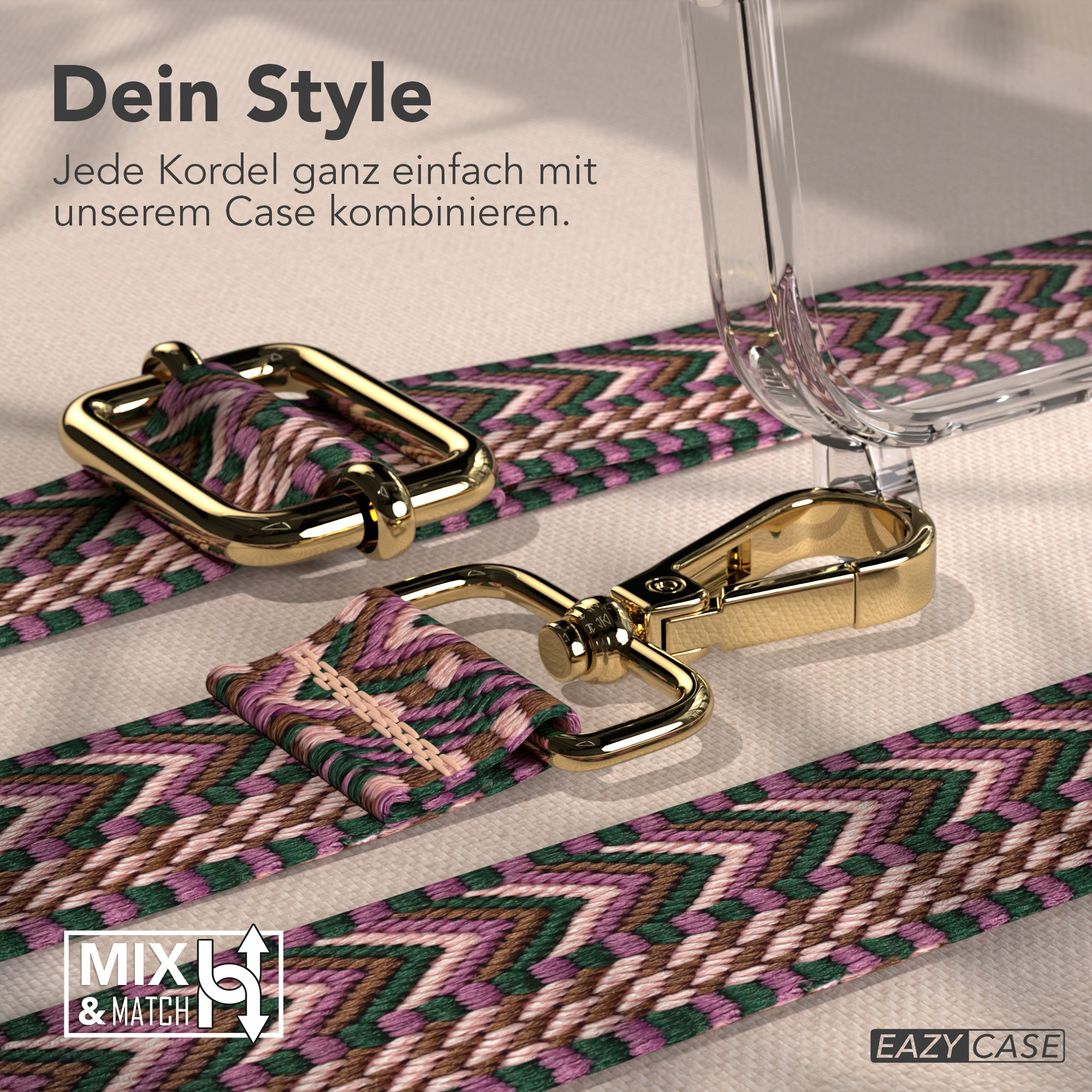 Nahaufnahme eines Handyhüllenriemens mit goldener Hardware und einem gemusterten Riemen in Lila, Grün und Braun.