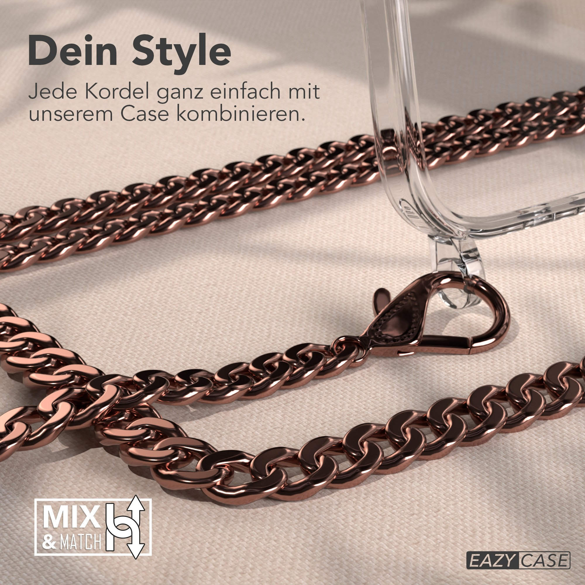 Eine roségoldene Kette und Handyhülle. Text sagt 'Dein Style' und 'Mix & Match'.