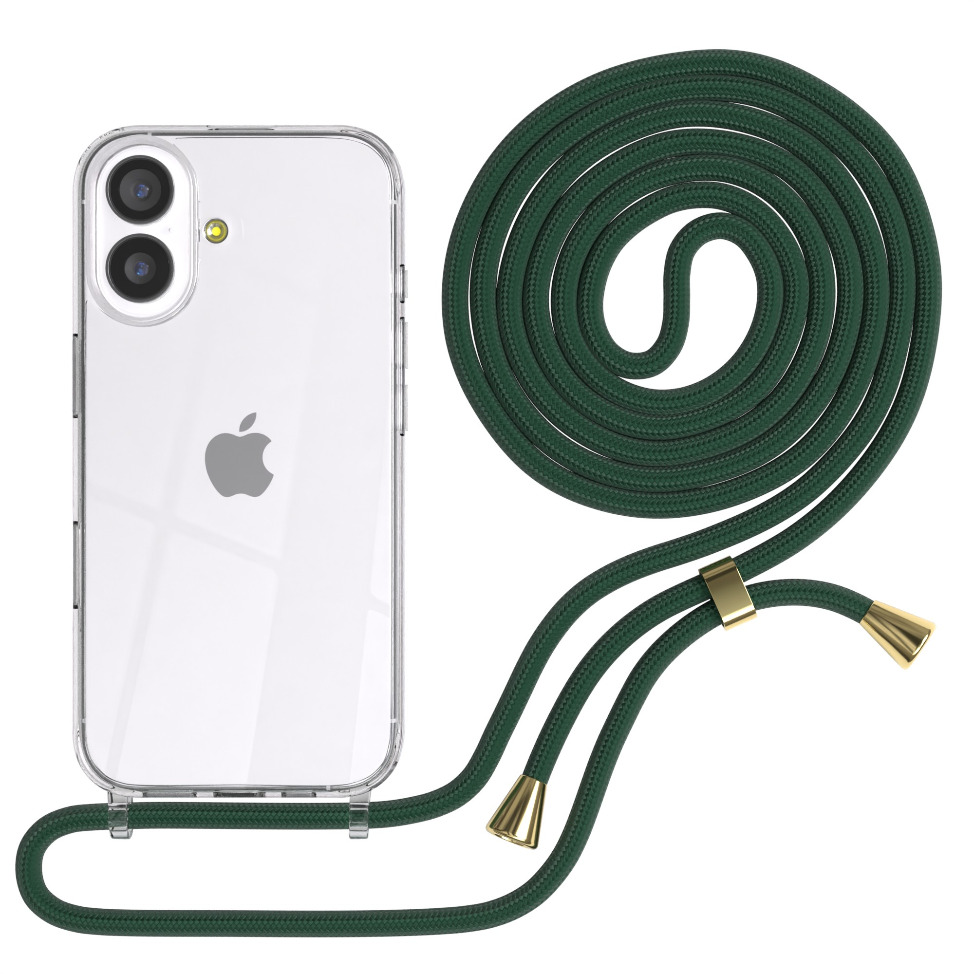 Eine klare Handyhülle mit Apple-Logo, ein grünes Handyband und goldfarbene Metallakzente.