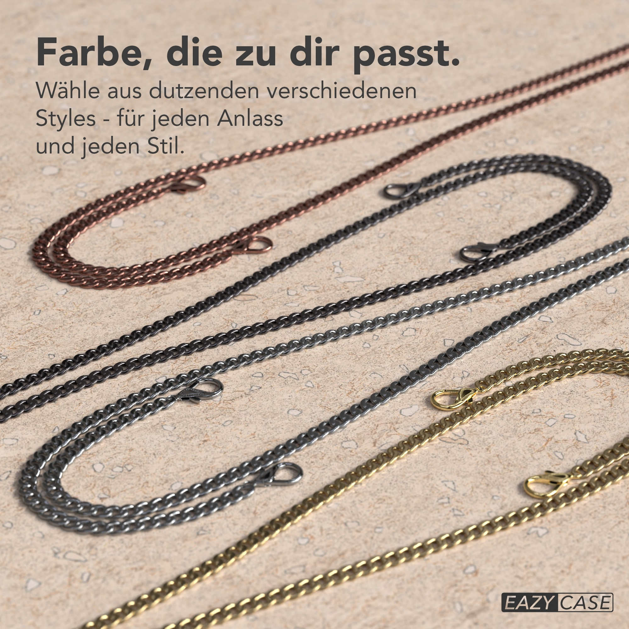 Das Bild zeigt mehrere Halsketten aus Metall in verschiedenen Farben auf strukturiertem Hintergrund. Der Text lautet: Farbe, die zu dir passt.