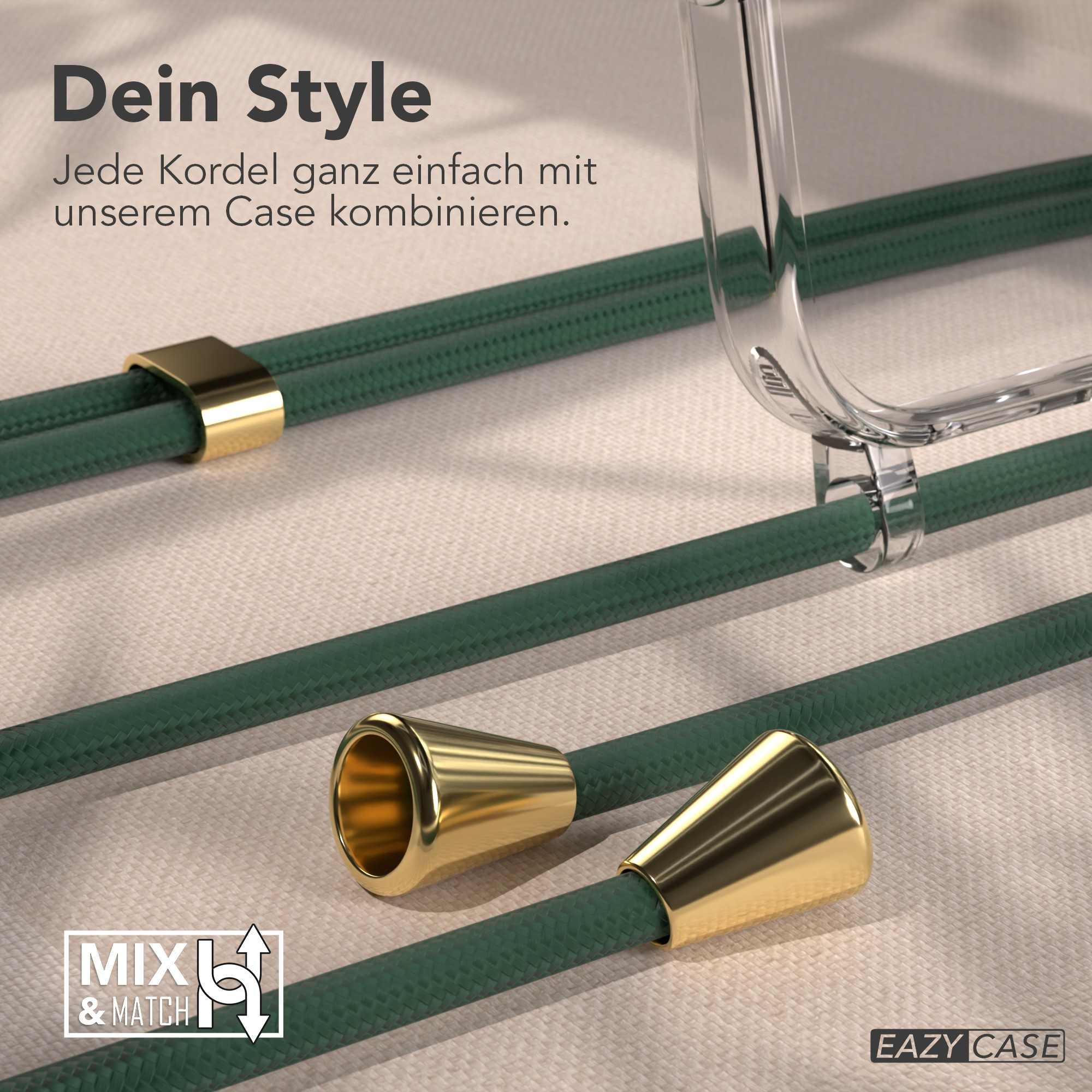 Grüne Kordeln mit goldenen Akzenten und eine transparente Handyhülle. Text: 'Dein Style' und 'Mix & Match'.