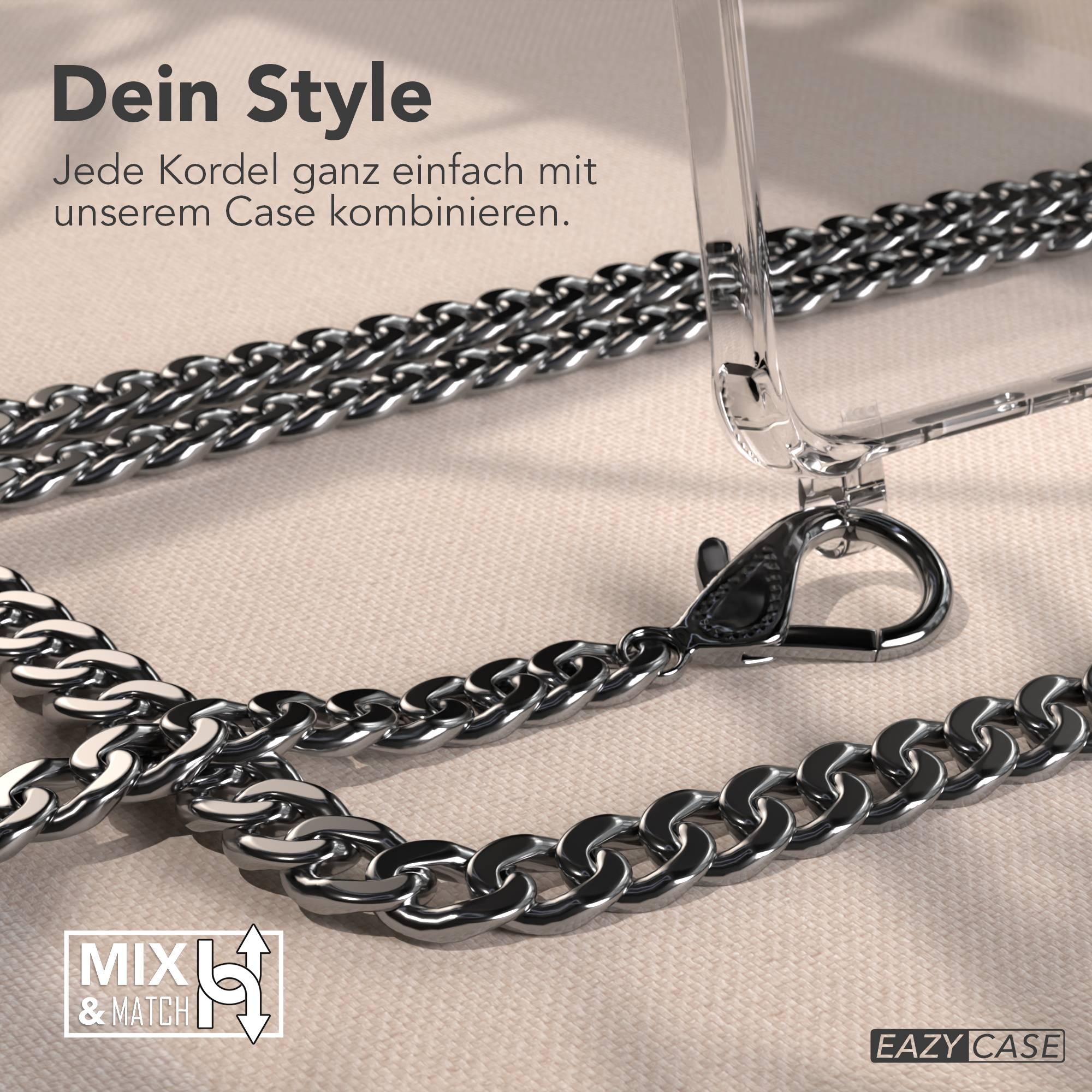 Nahaufnahme einer silbernen Ketten-Handyhülle. Klare Kunststoffhülle und Text 'Mix & Match' sind sichtbar.