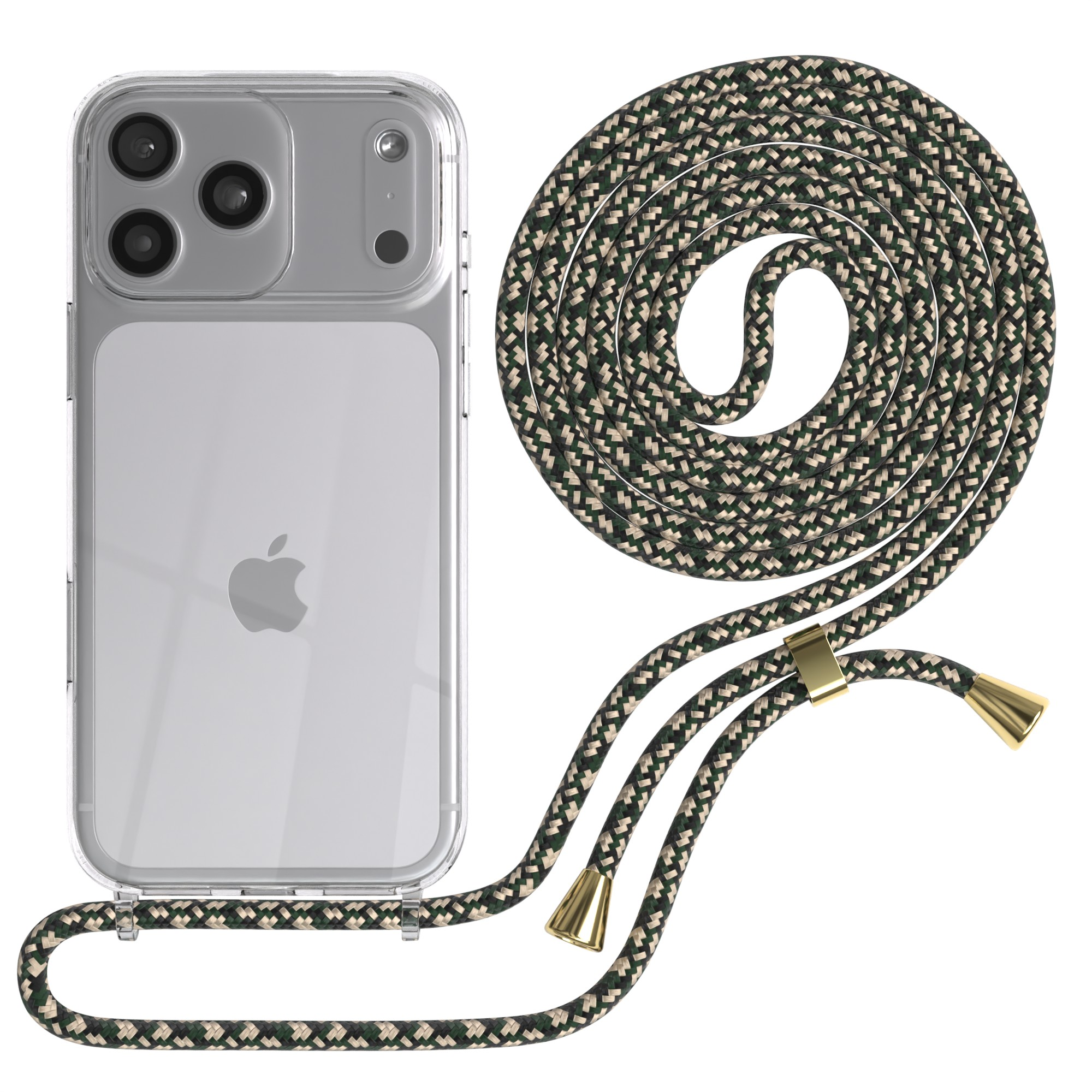 Ein iPhone in einer durchsichtigen Hülle mit einer grün, schwarzen und beige farbenen Kordel. Die Kordel ist aufgerollt.