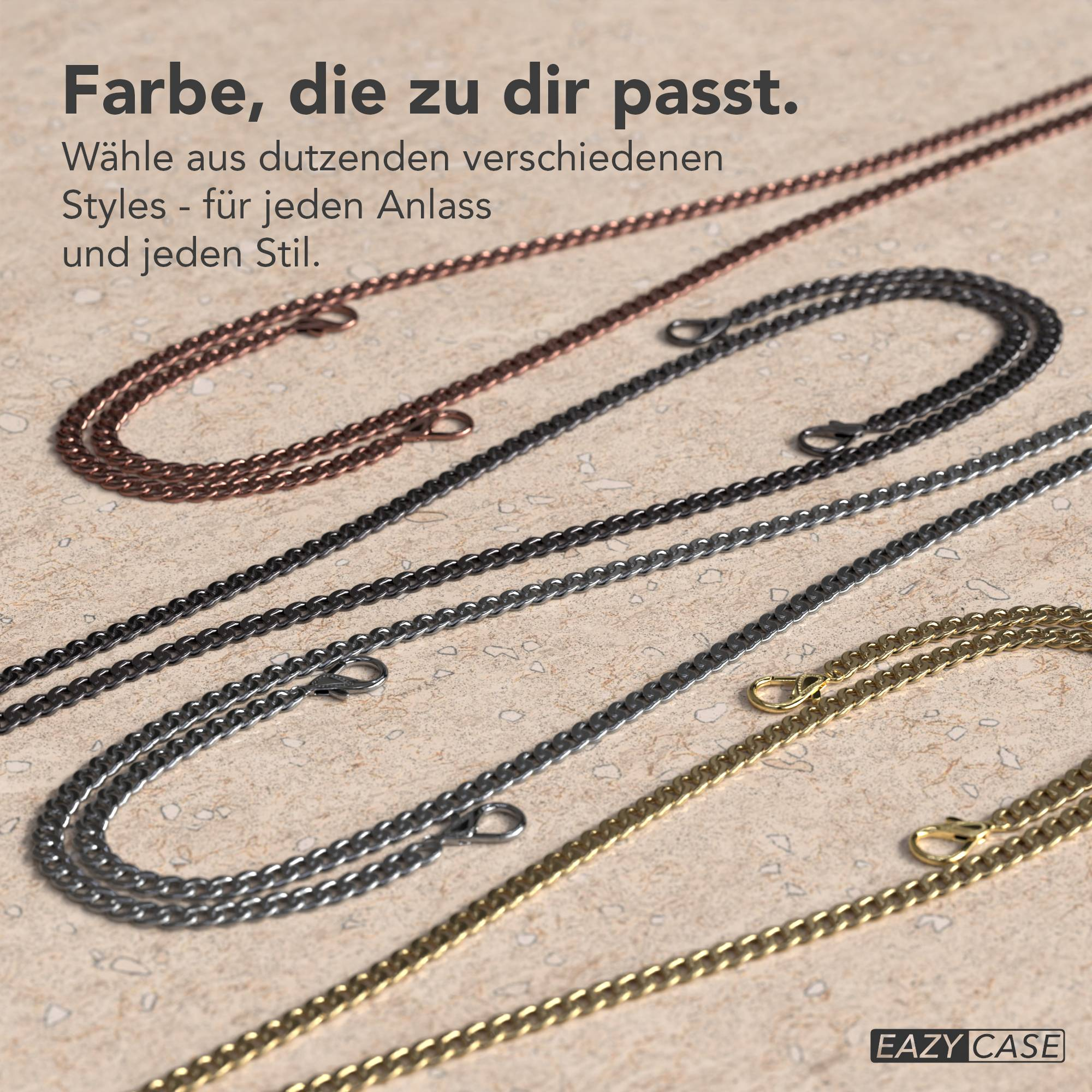 Das Bild zeigt verschiedene Halsketten in verschiedenen Metallic-Farben auf einer strukturierten Oberfläche.