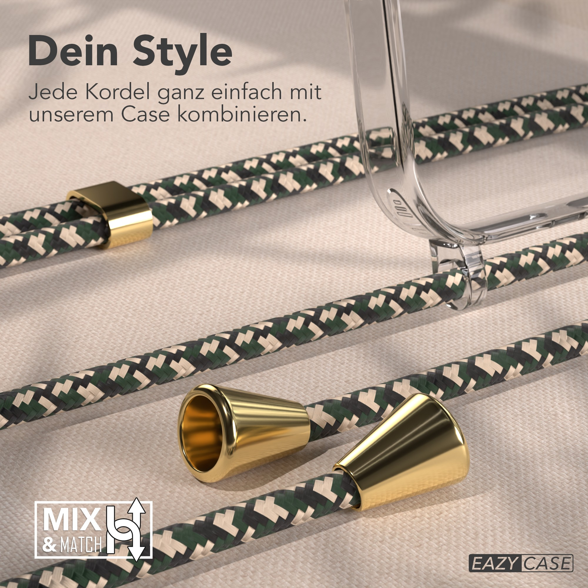 Eine transparente Handyhülle mit grünem, schwarzem und beigem Kabel. Goldfarbene Metallakzente. Text 'Mix & Match'.