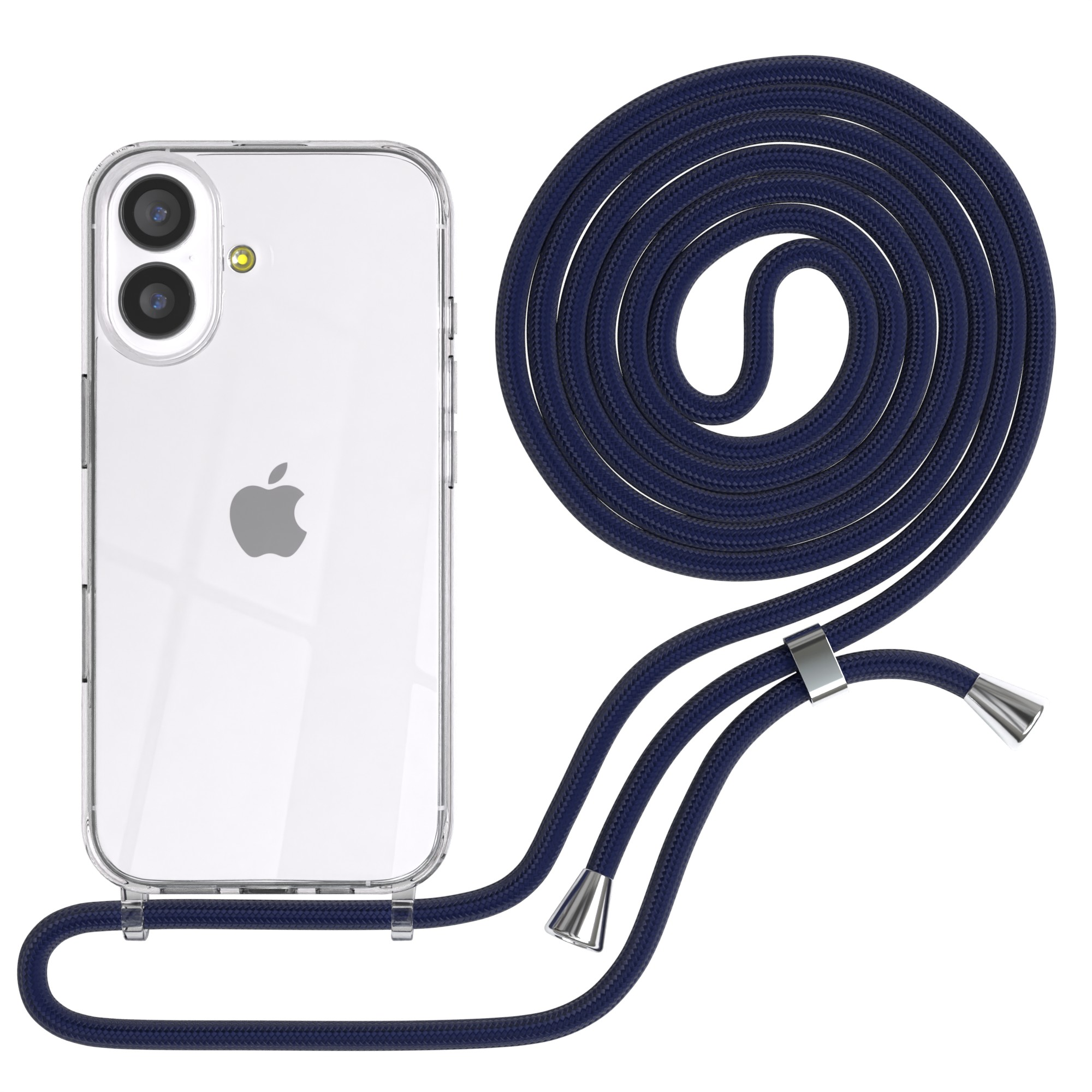 Transparente Handyhülle mit blauem Band. Das Band ist geschlungen. Das Telefon hat ein Apple-Logo.