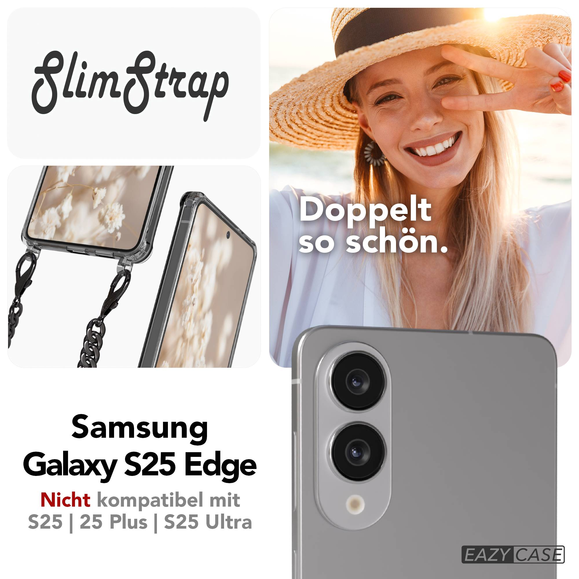 Das Bild zeigt eine Frau mit Strohhut, ein Telefon und eine Handyhülle. Text enthält 'SlimStrap' und 'Samsung Galaxy'.