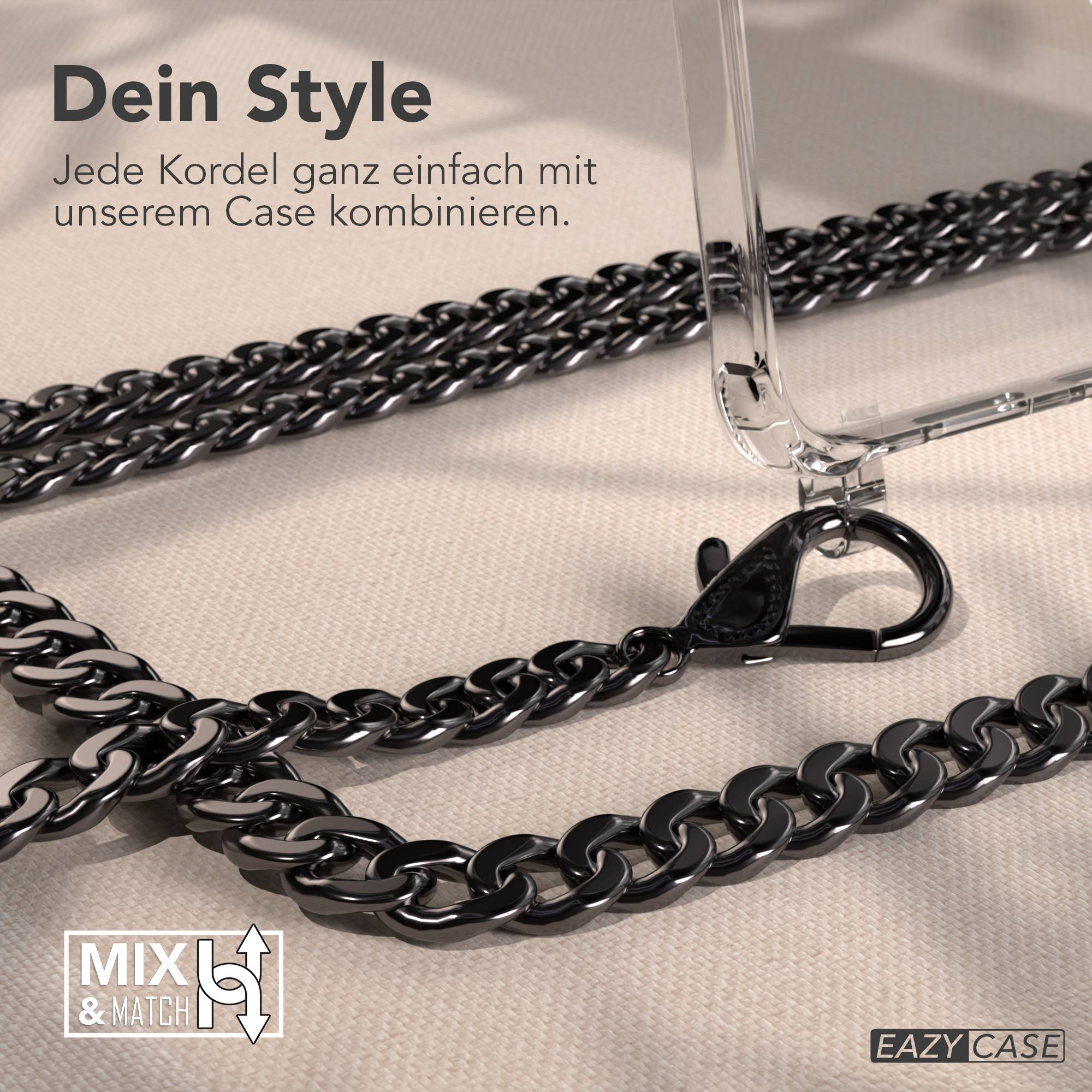 Nahaufnahme einer Handyhülle mit schwarzer Kette. Der Text lautet 'Dein Style' und 'Mix & Match'.