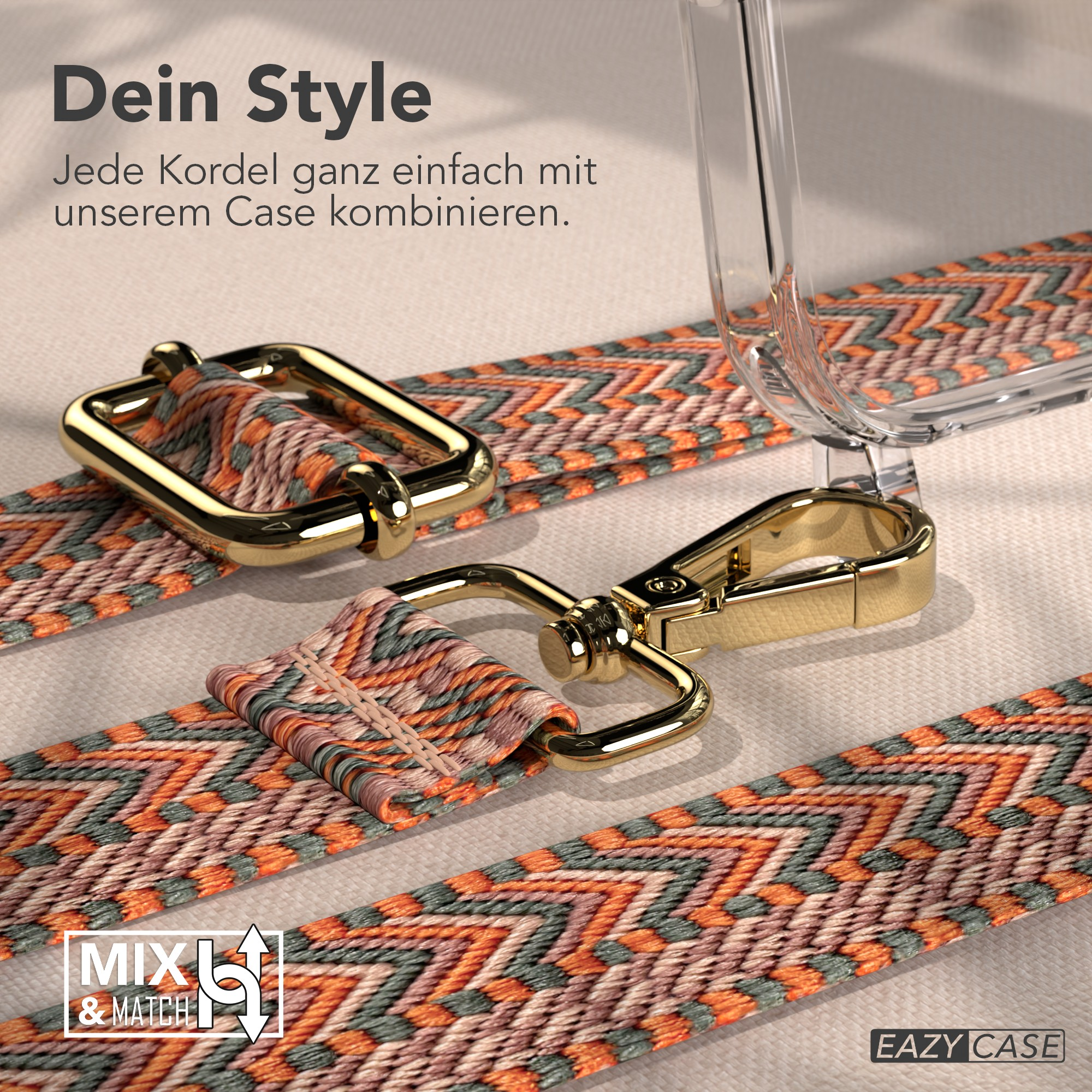 Nahaufnahme eines Handyhüllenriemens mit goldfarbener Hardware. Der Riemen hat ein farbenfrohes Zickzackmuster. Text: 'Dein Style'.