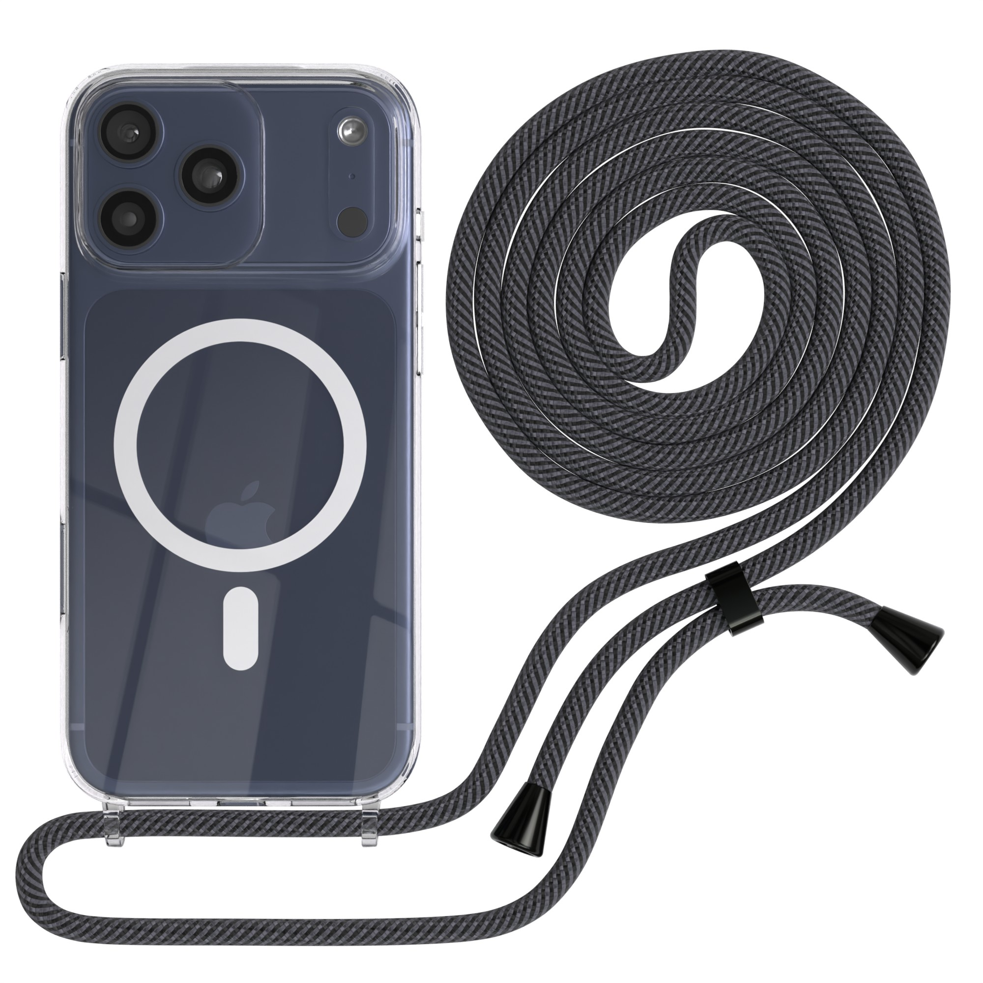 Transparente Handyhülle mit grauem Umhängeband. Die Handyhülle hat einen weißen Kreis und schwarze Kameras.
