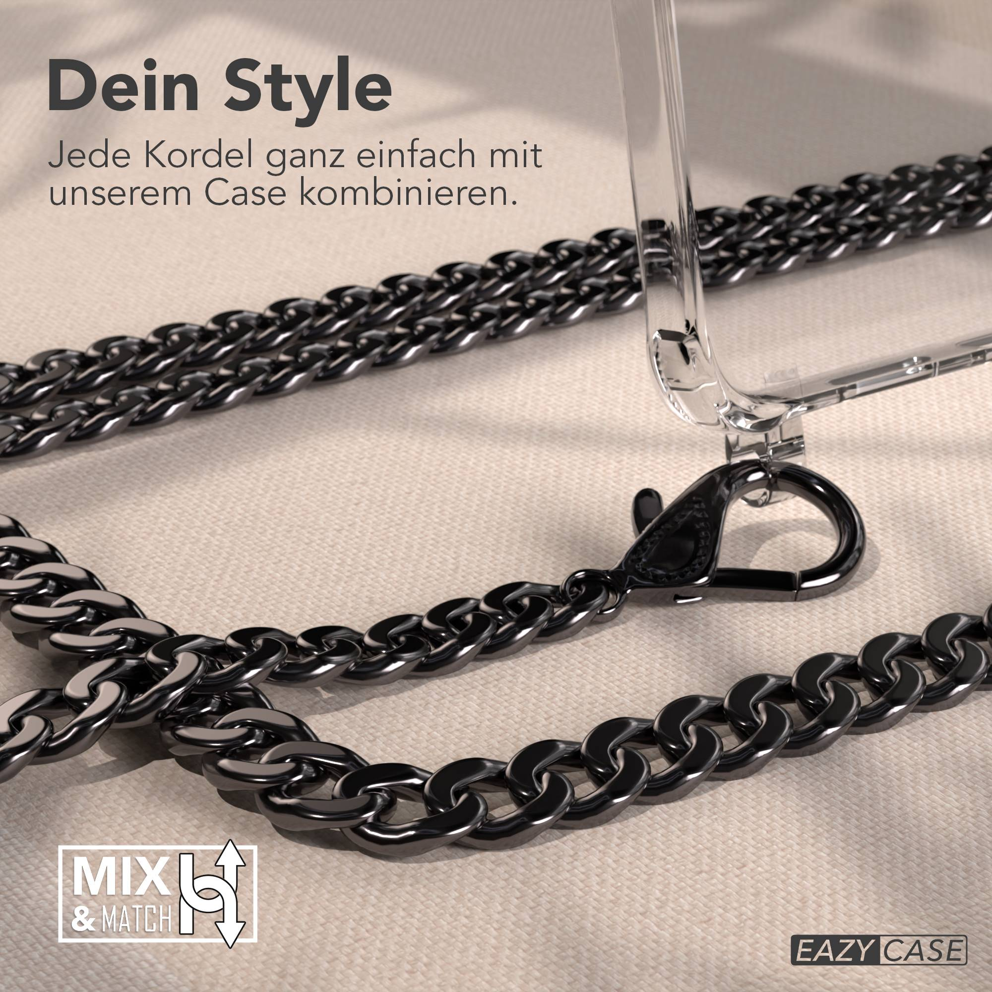 Ein Handycase mit schwarzer Kette. Der Hintergrund ist ein beiger Stoff mit Produktwerbung.
