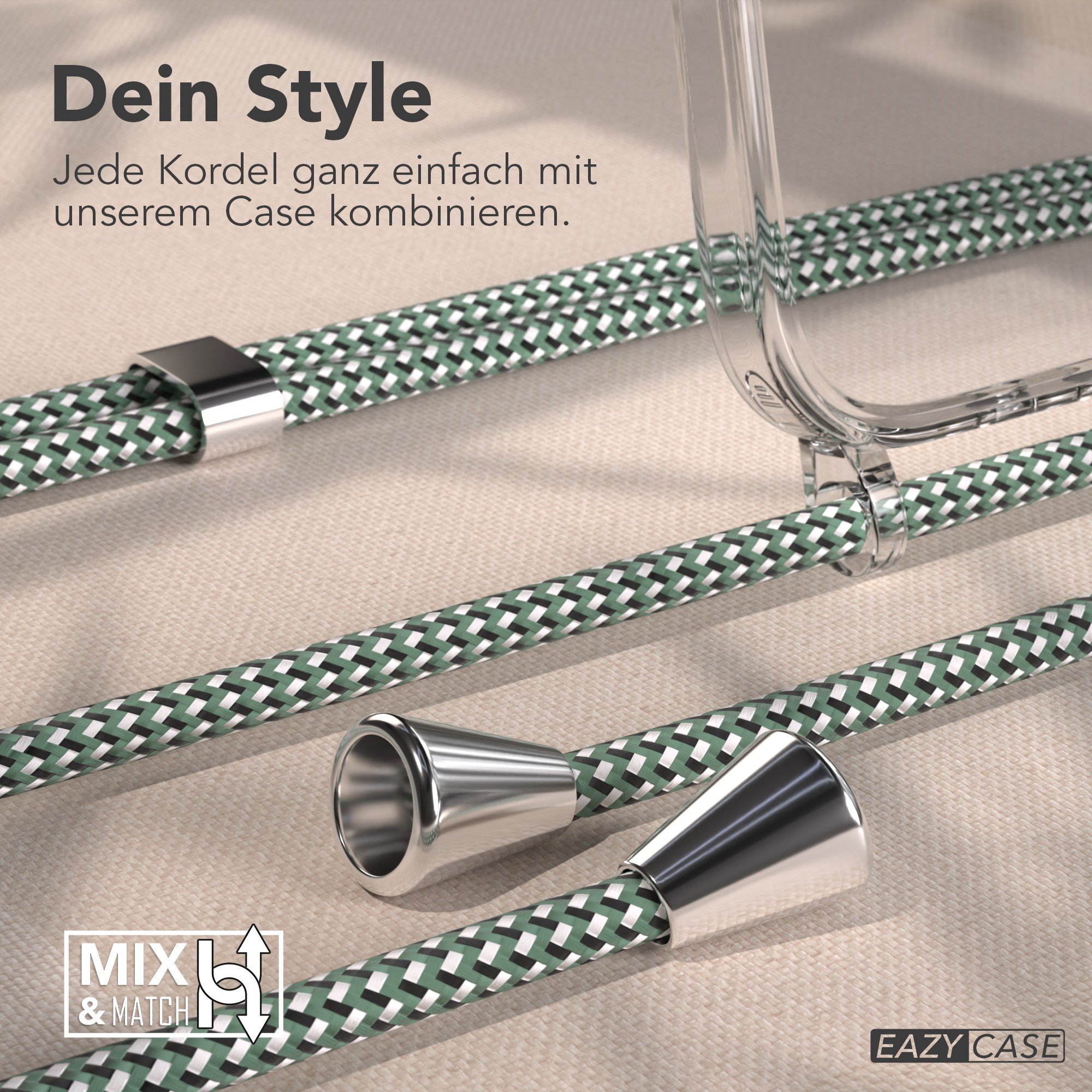 Das Bild zeigt grün-weiße Kordeln, eine Handyhülle und Metallakzente. Der Text lautet 'Dein Style' und 'Mix & Match'.