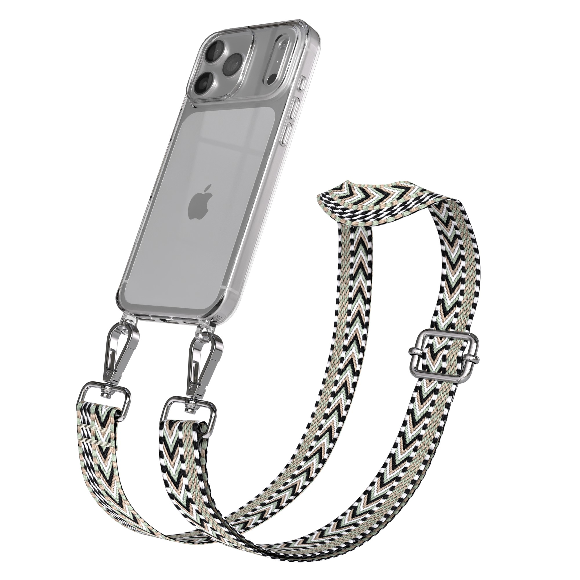 Klares iPhone mit gemustertem Riemen. Der Riemen hat schwarze, weiße und beige Zickzackmuster. Silberne Verschlüsse verbinden den Riemen mit der Hülle.