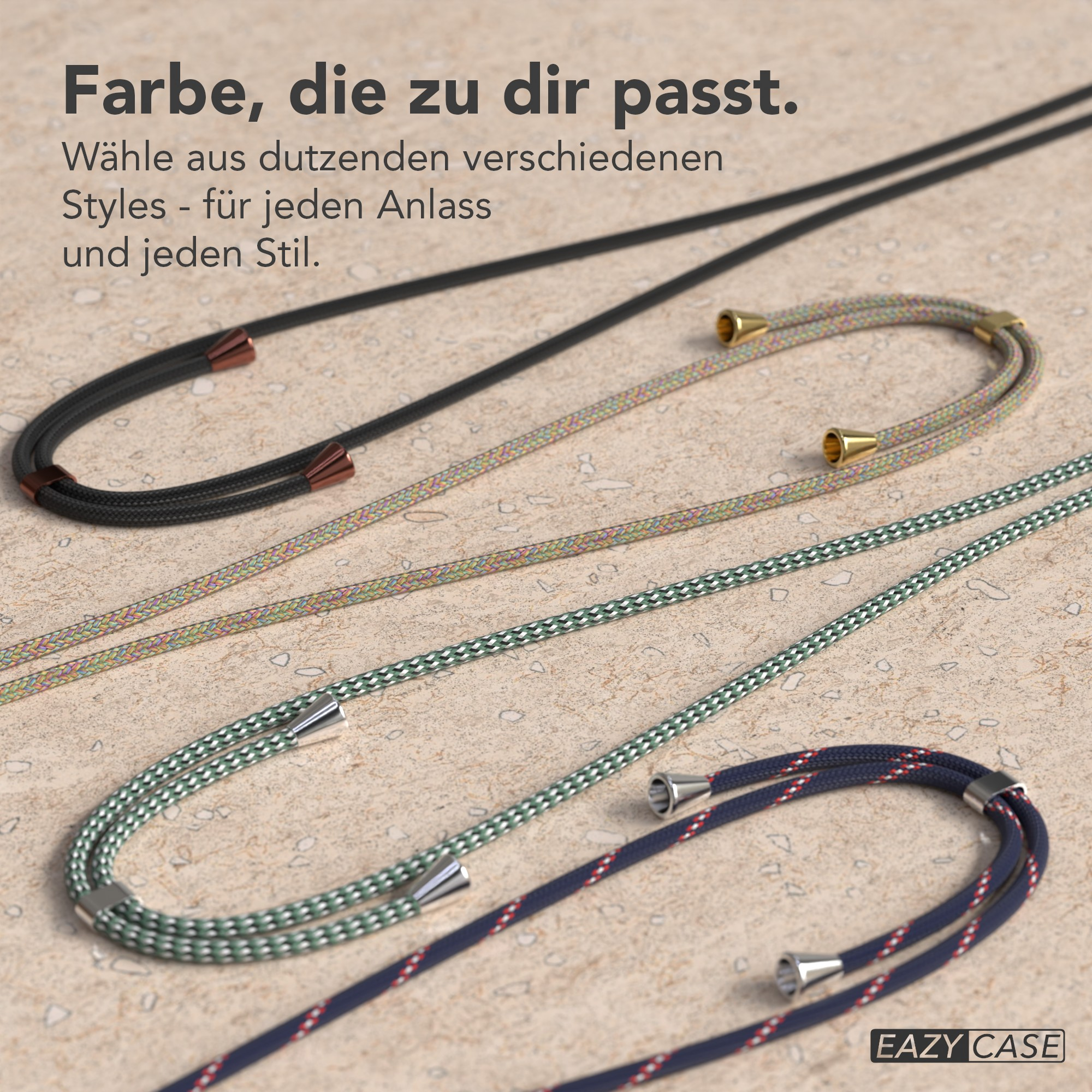 Das Bild zeigt Handystraps in verschiedenen Farben. Text: 'Farbe, die zu dir passt'.