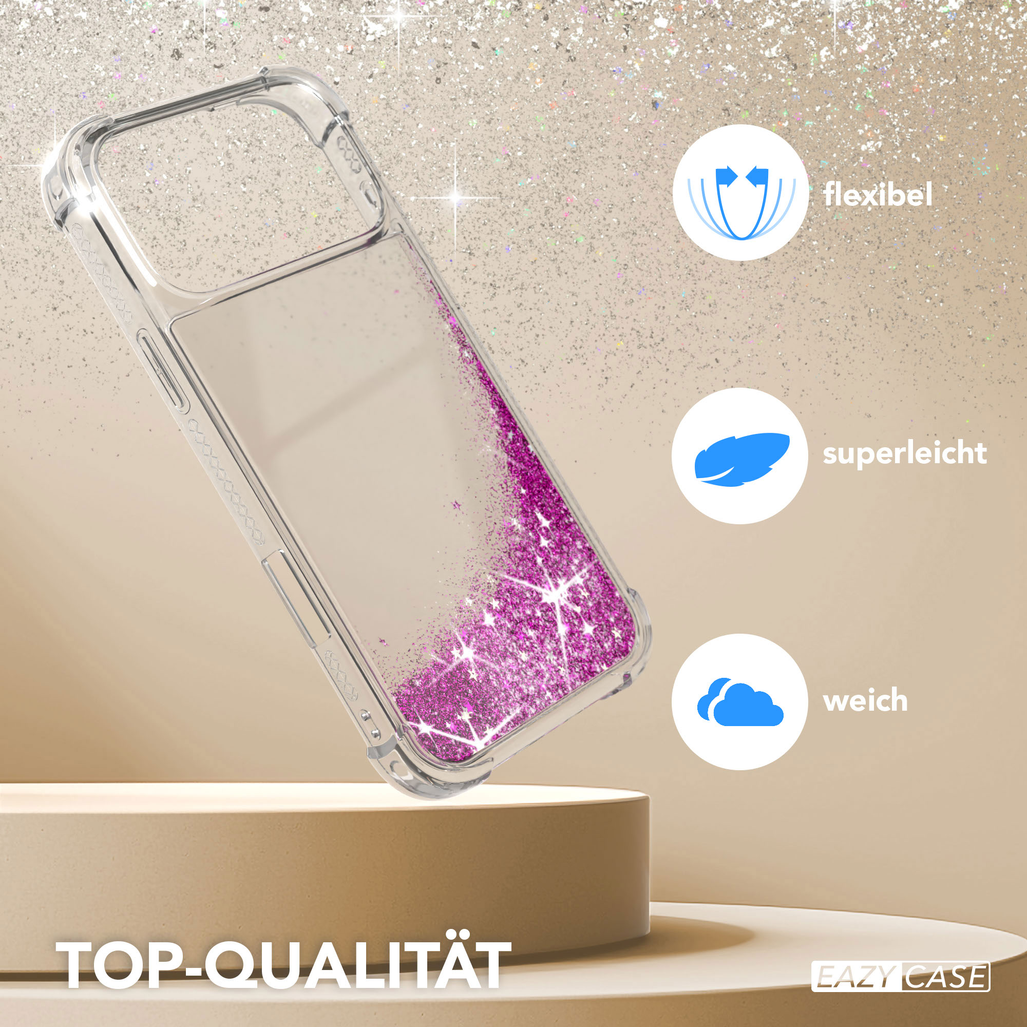 Transparente Handyhülle mit pinkfarbenem Glitzer auf einer beigen Plattform, mit Symbolen für Flexibilität, Leichtigkeit und Weichheit.