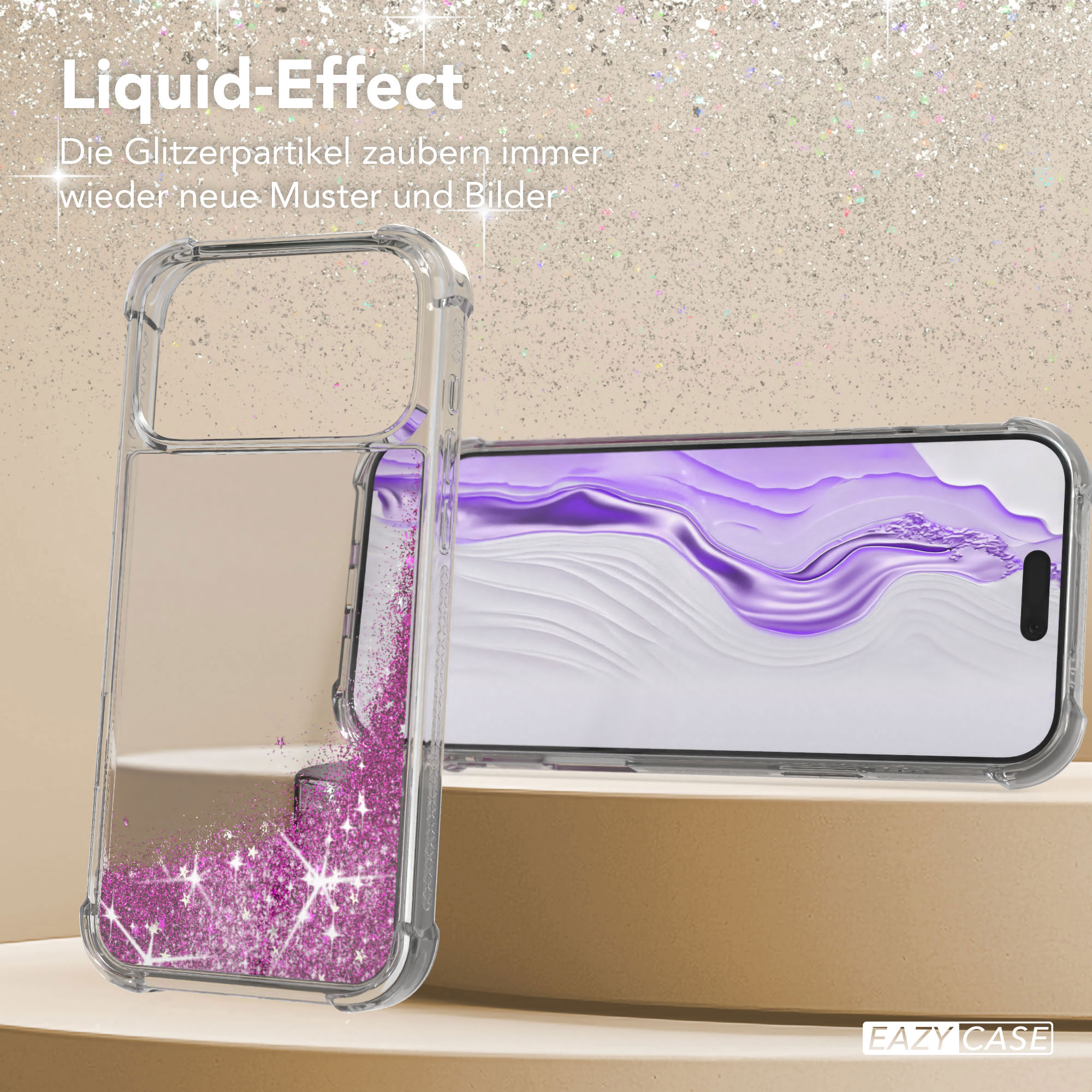 Transparente Handyhülle mit pinkfarbenem Glitzer, die ein Telefon mit lila Hintergrund hält.