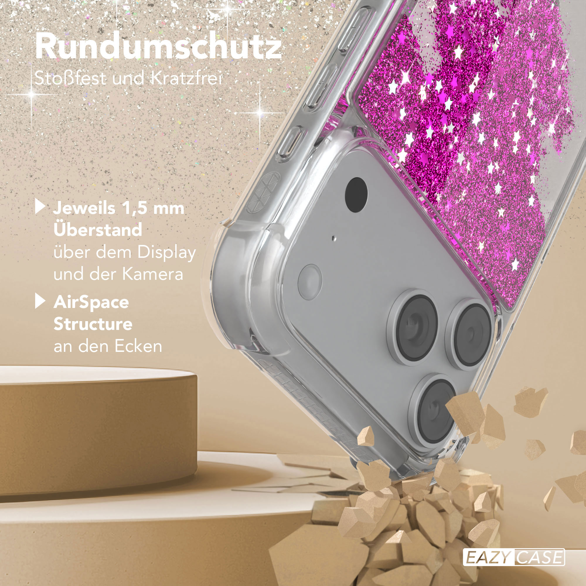 Ein Handy in einer Hülle mit rosa Glitzer und Sternen. Die Hülle wird mit zerbrochenen Teilen fallen gelassen.