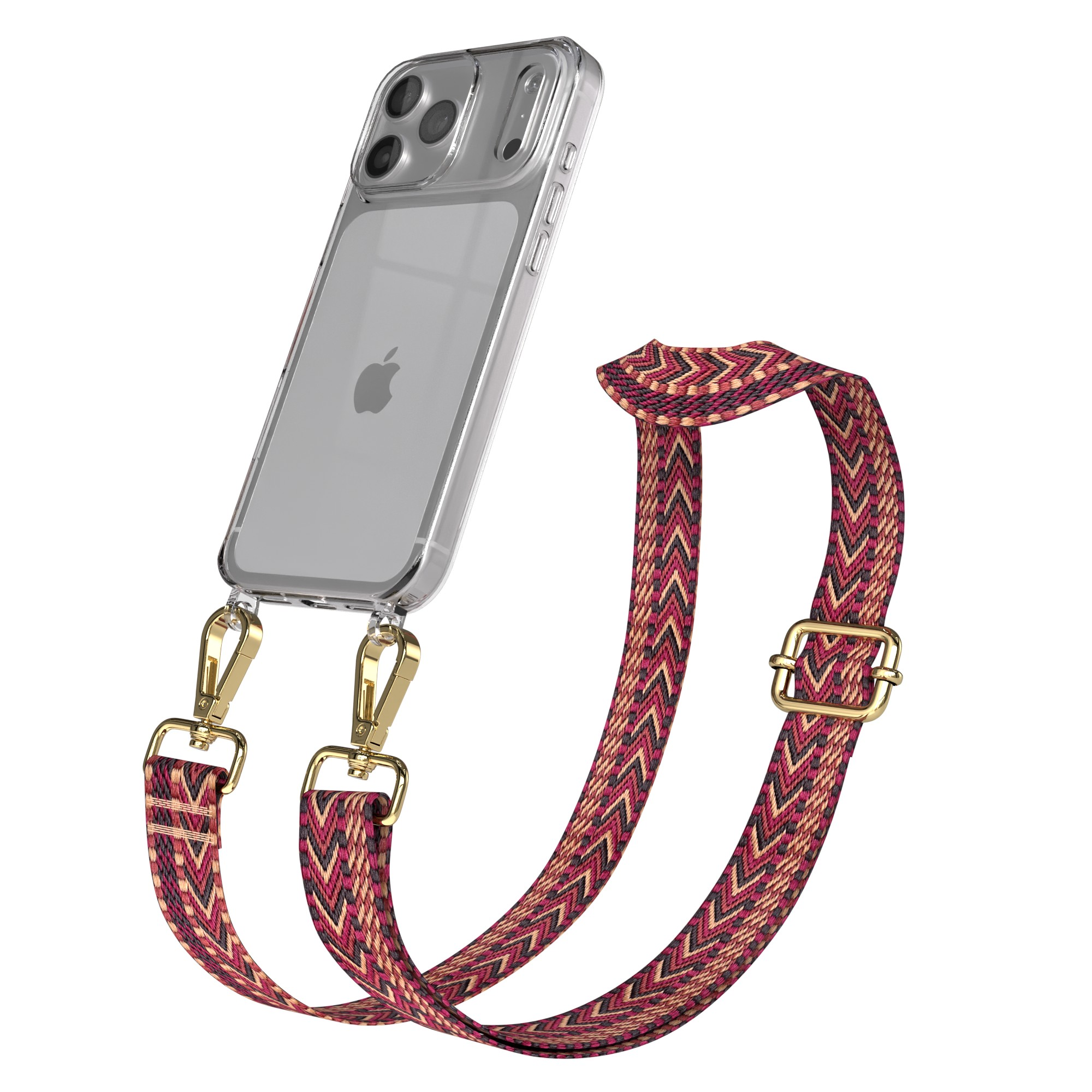 Eine transparente iPhone-Hülle mit einem gemusterten Riemen in Rot, Beige und Schwarz. Goldene Verschlüsse und Schnalle sind sichtbar.