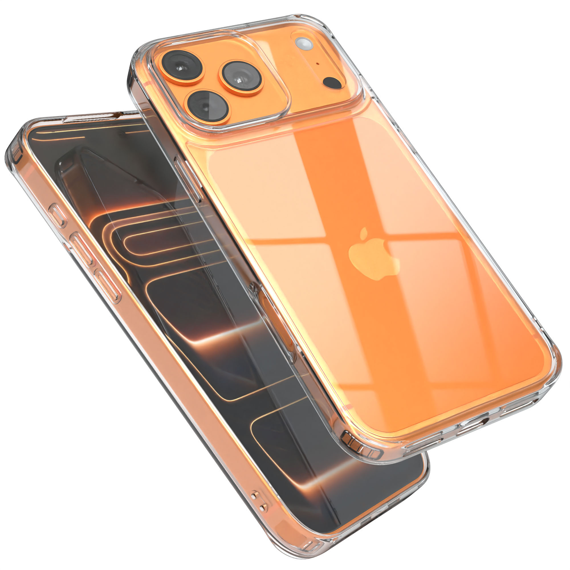 Zwei orangefarbene iPhone-Hüllen, eine über der anderen, mit klaren Kanten und weißem Hintergrund.