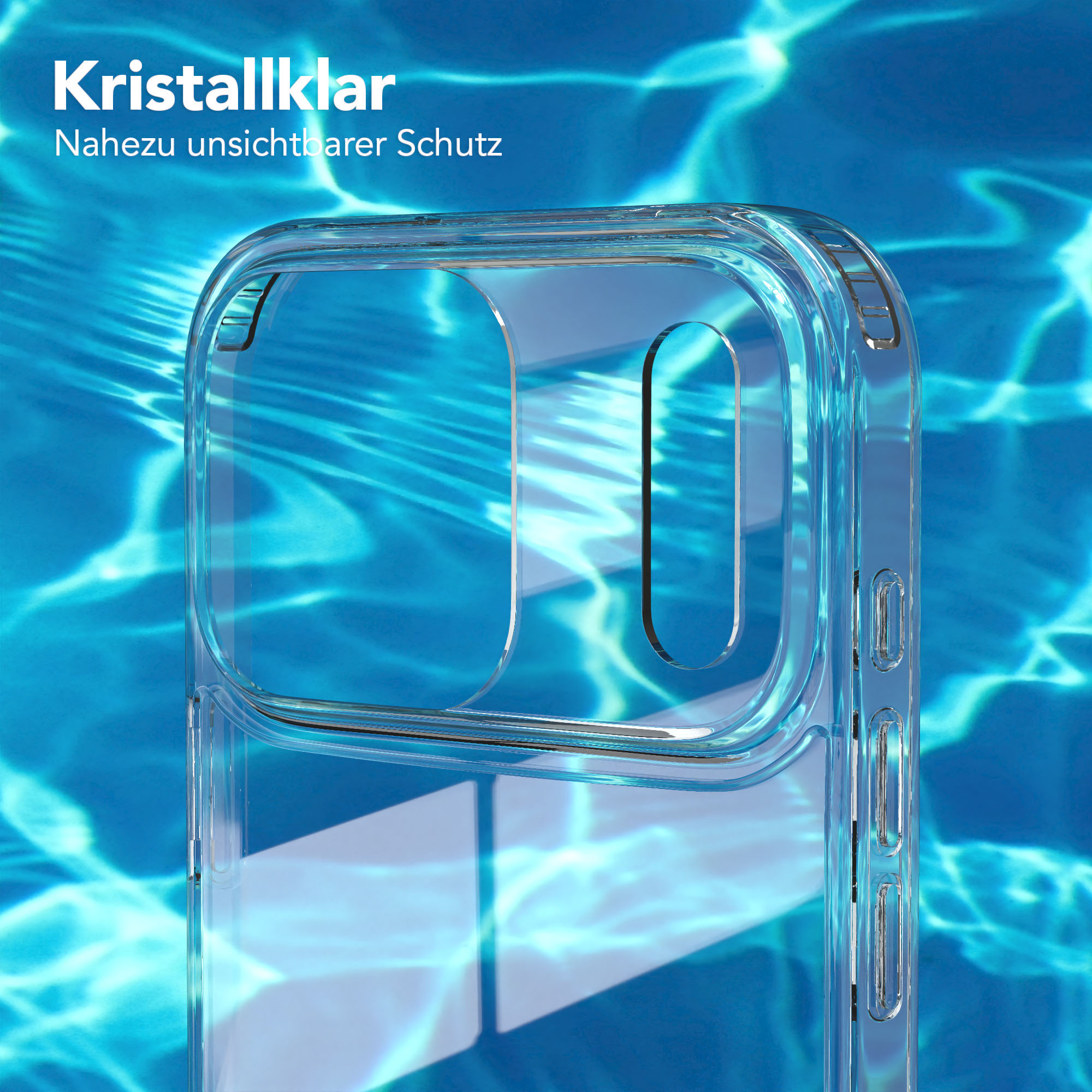 Eine transparente Handyhülle wird vor blauem Hintergrund mit Lichtreflexen gezeigt. Die Hülle hat Aussparungen für Tasten und Kamera.