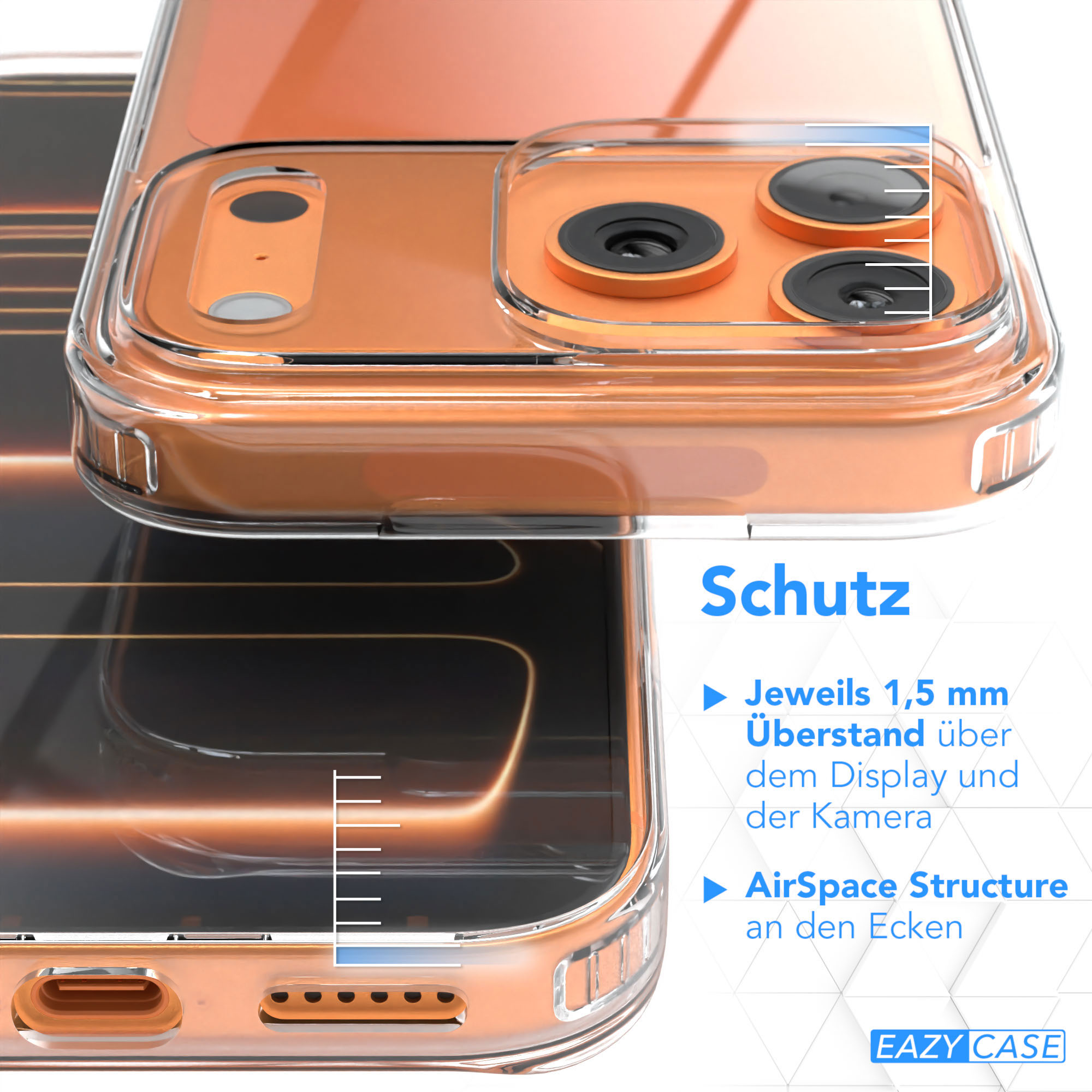 Transparente Handyhülle auf einem orangefarbenen Telefon. Details umfassen Kameraausschnitte und Text über Schutzfunktionen.
