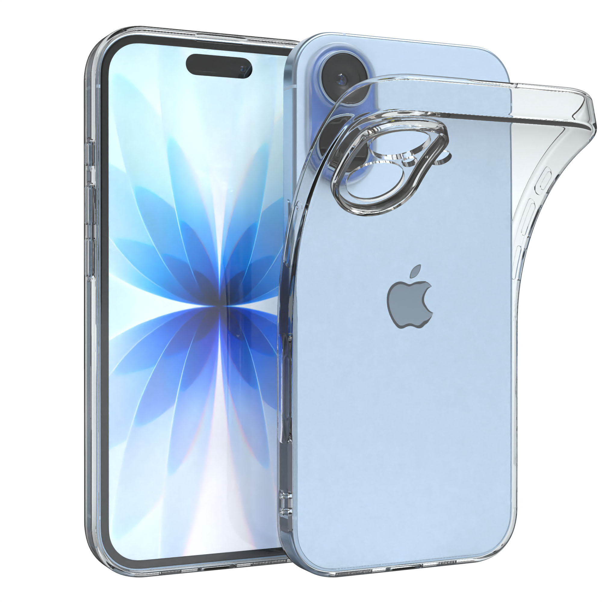 Zwei Smartphones, eines mit durchsichtiger Hülle. Das linke Telefon hat ein Blumengemälde, das andere das Apple-Logo.