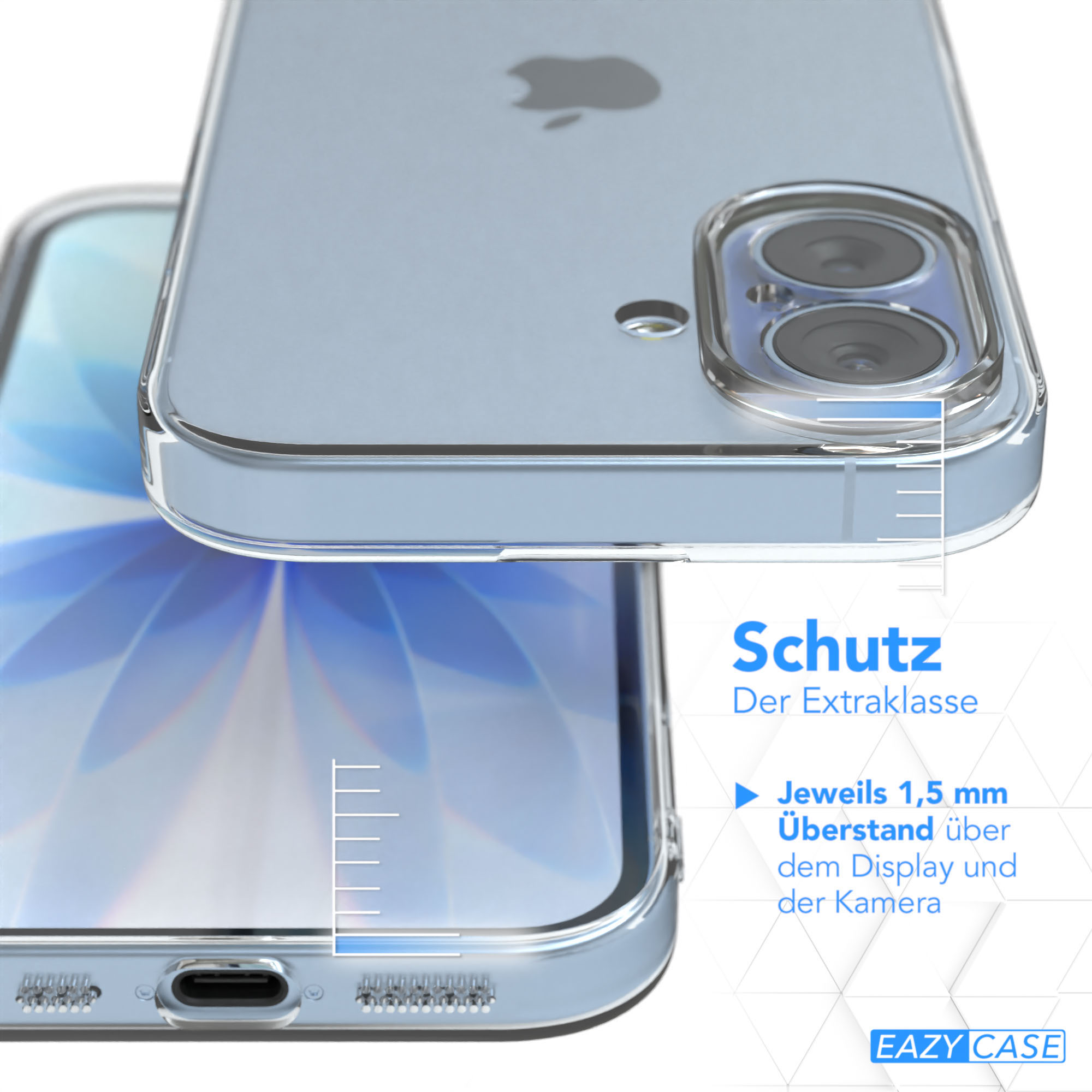 Transparente Handyhülle auf einem Telefon. Die Hülle ist transparent mit blauem Hintergrund und zeigt die Kamera.