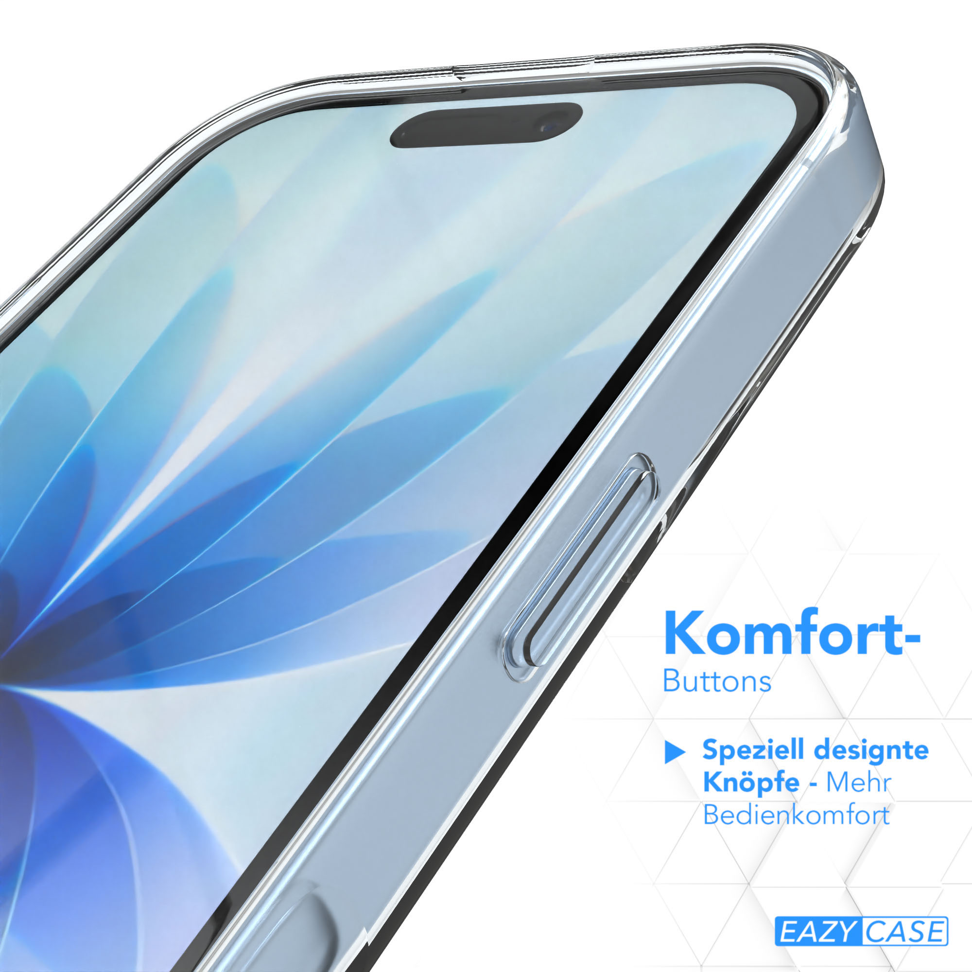 Nahaufnahme eines Telefons in einer transparenten Hülle. Der Bildschirm zeigt blaue, abstrakte Formen. Text: 'Komfort-Buttons'.