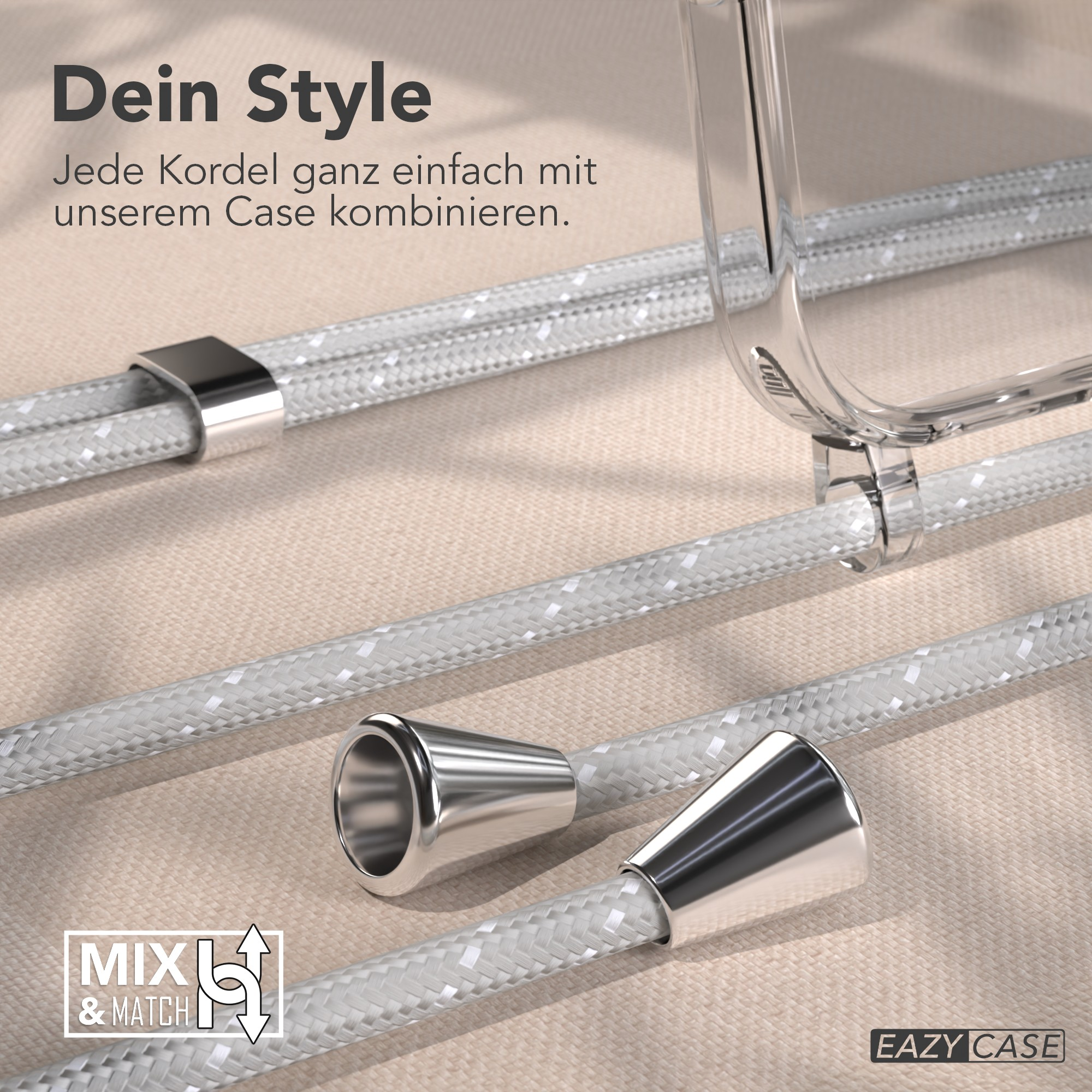 Das Bild zeigt Telefonschnüre mit Metallenden. Der Text lautet 'Dein Style' und 'Mix & Match'.